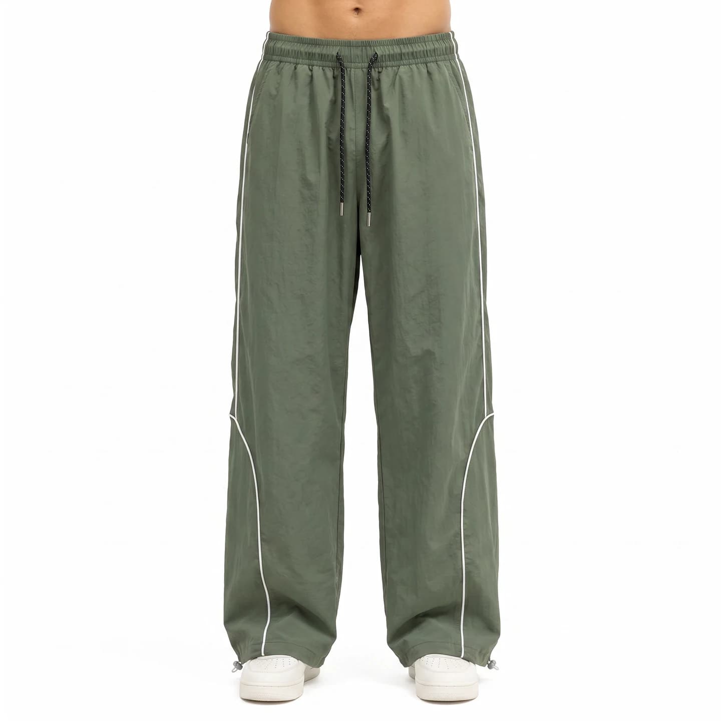 Curved Piping Track Pants in Army Green, relaxed men's fit