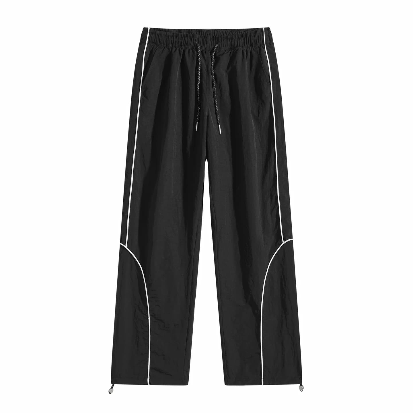 Curved Piping Track Pants in Black, front flat lay