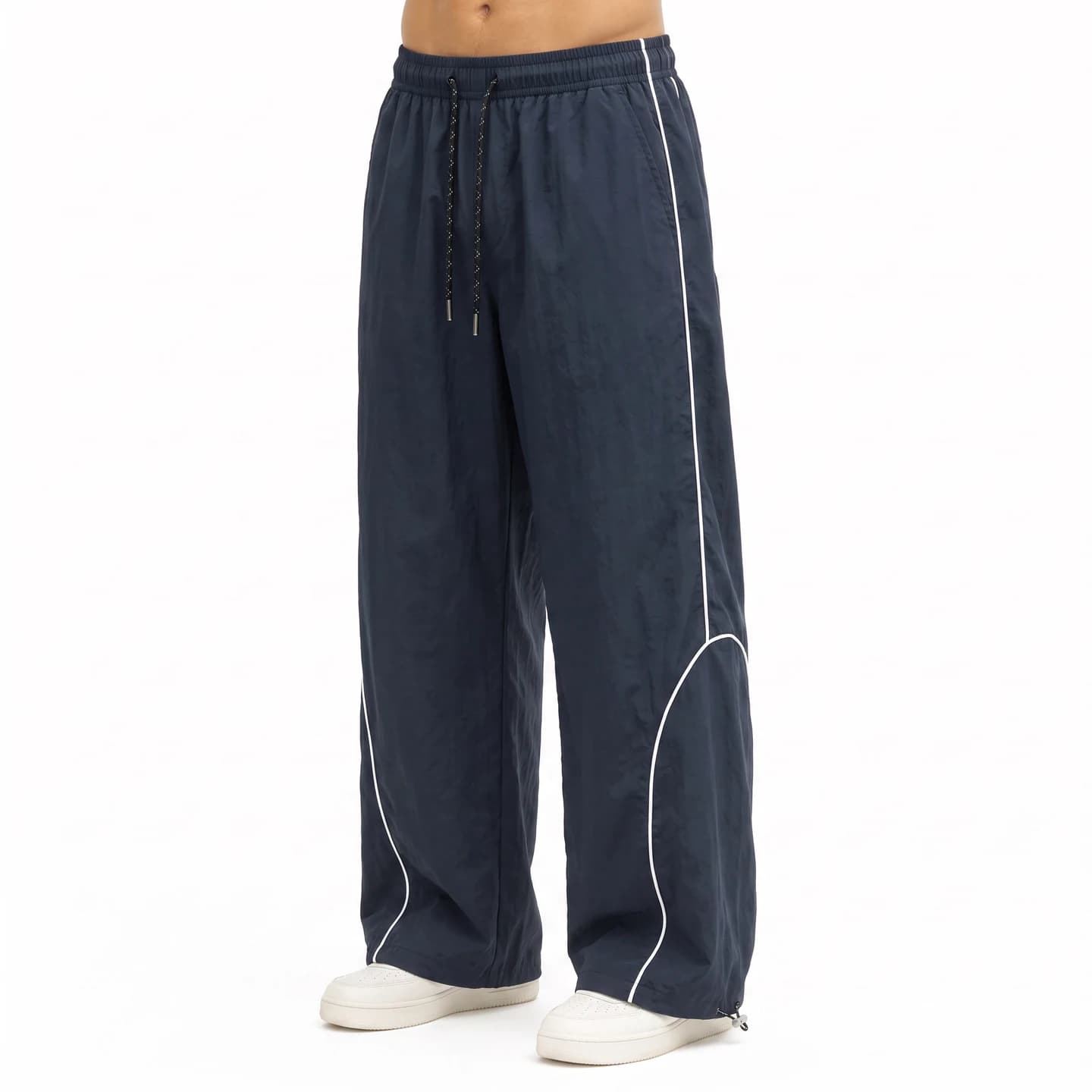 Curved Piping Track Pants in Navy, relaxed men's fit
