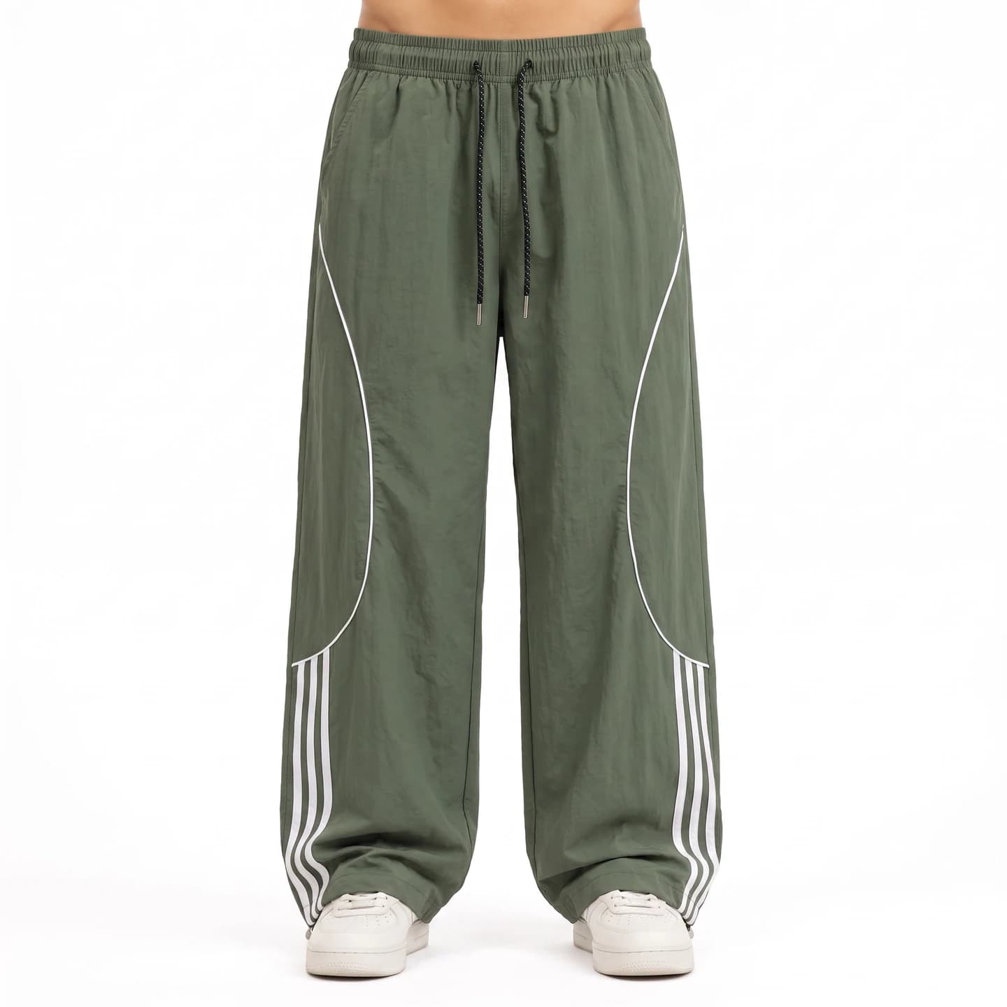 Four-Stripe Track Pants in Army Green, relaxed men's fit