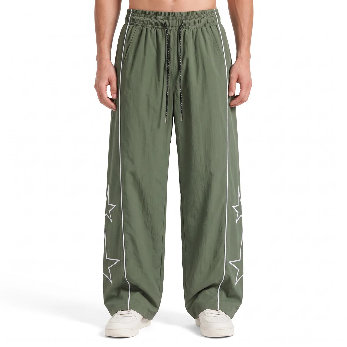 Star Detail Track Pants in Army Green, relaxed men's fit