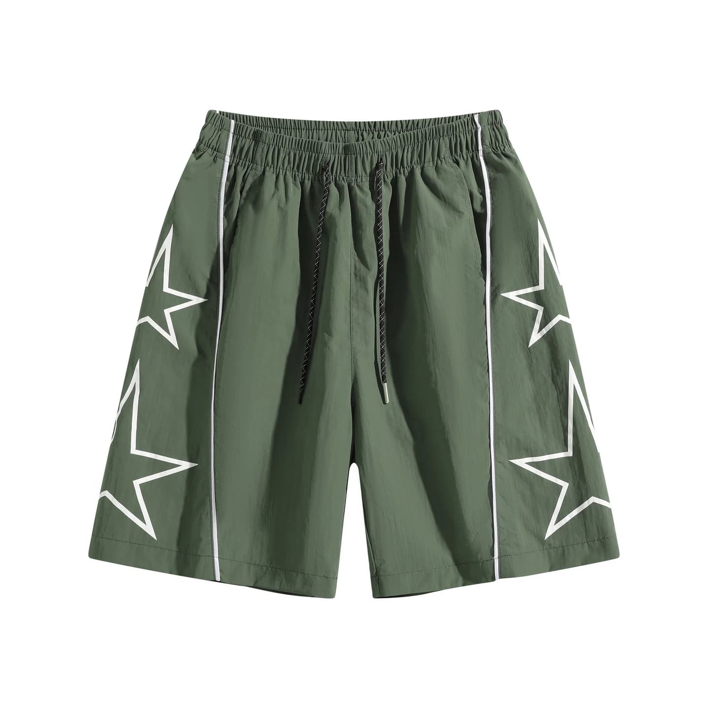 Star Detail Woven Shorts in Army Green, front flat lay