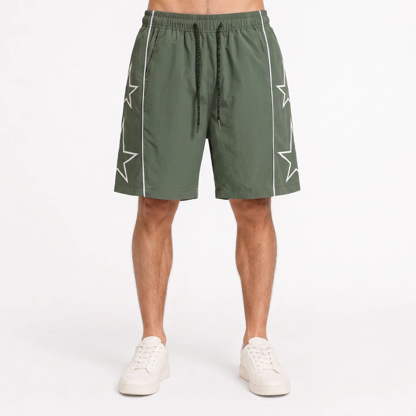 Star Detail Woven Shorts in Army Green, relaxed men's fit