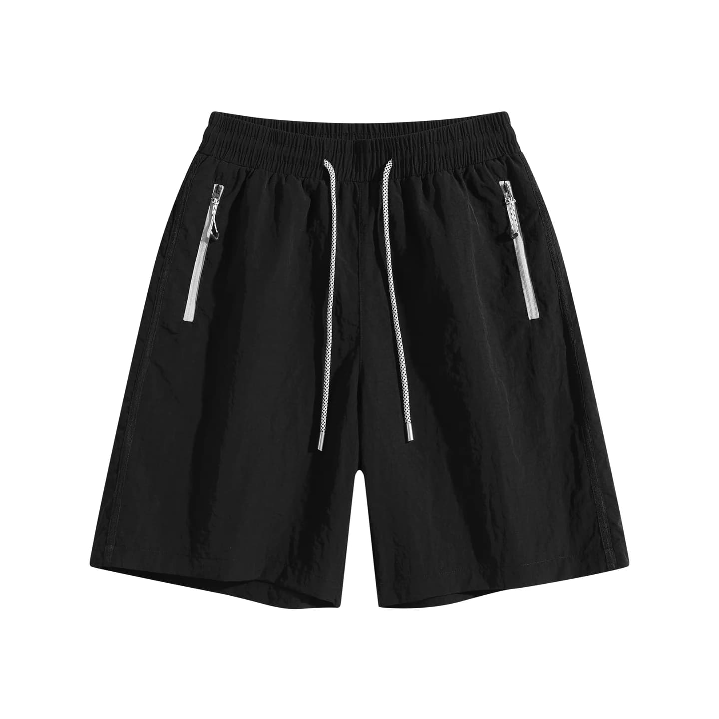 Zip Pocket Woven Shorts in Black, front flat lay