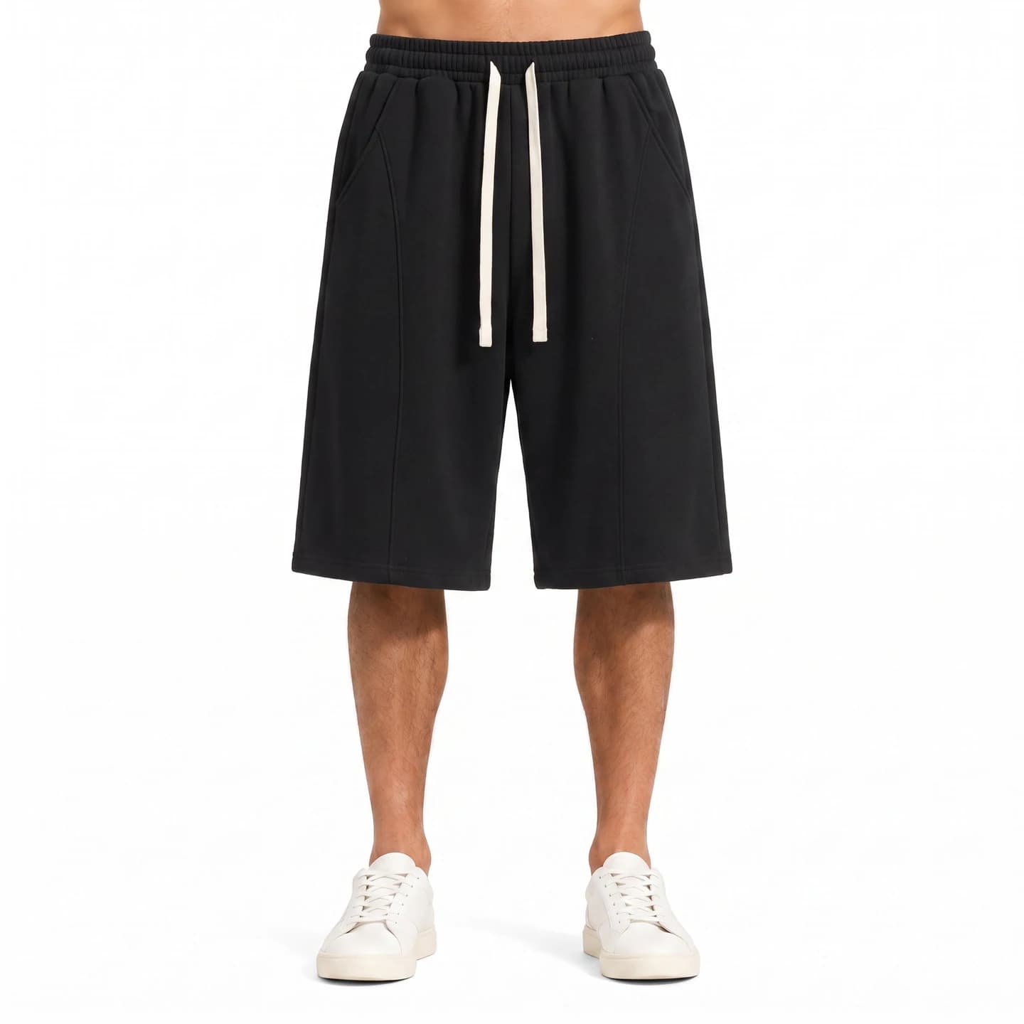 Curved-Seam Longline Shorts in Black, relaxed men's fit