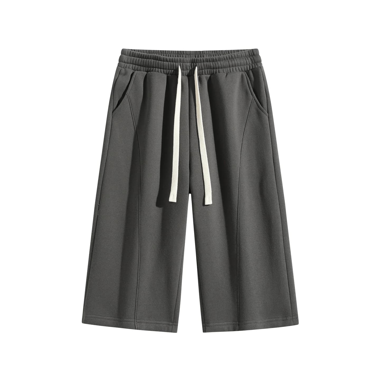 Curved-Seam Longline Shorts in Charcoal, front flat lay