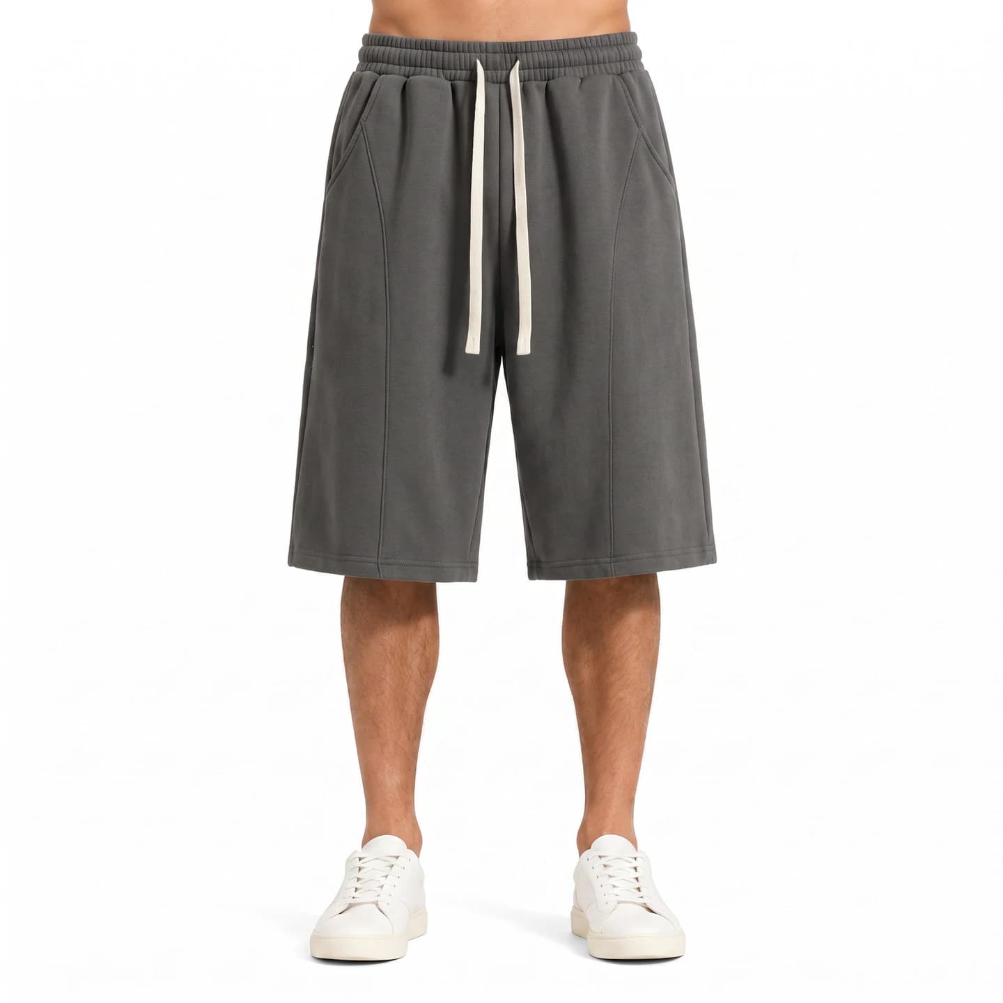 Curved-Seam Longline Shorts in Charcoal, relaxed men's fit