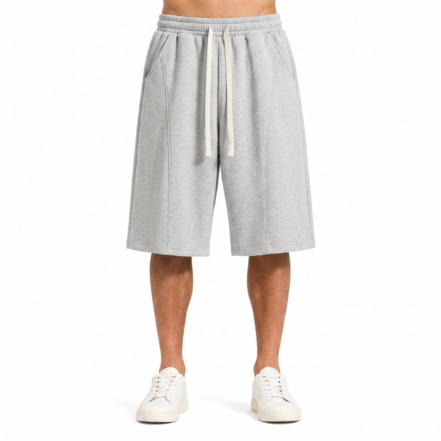 Curved-Seam Longline Shorts in Heather Gray, relaxed men's fit