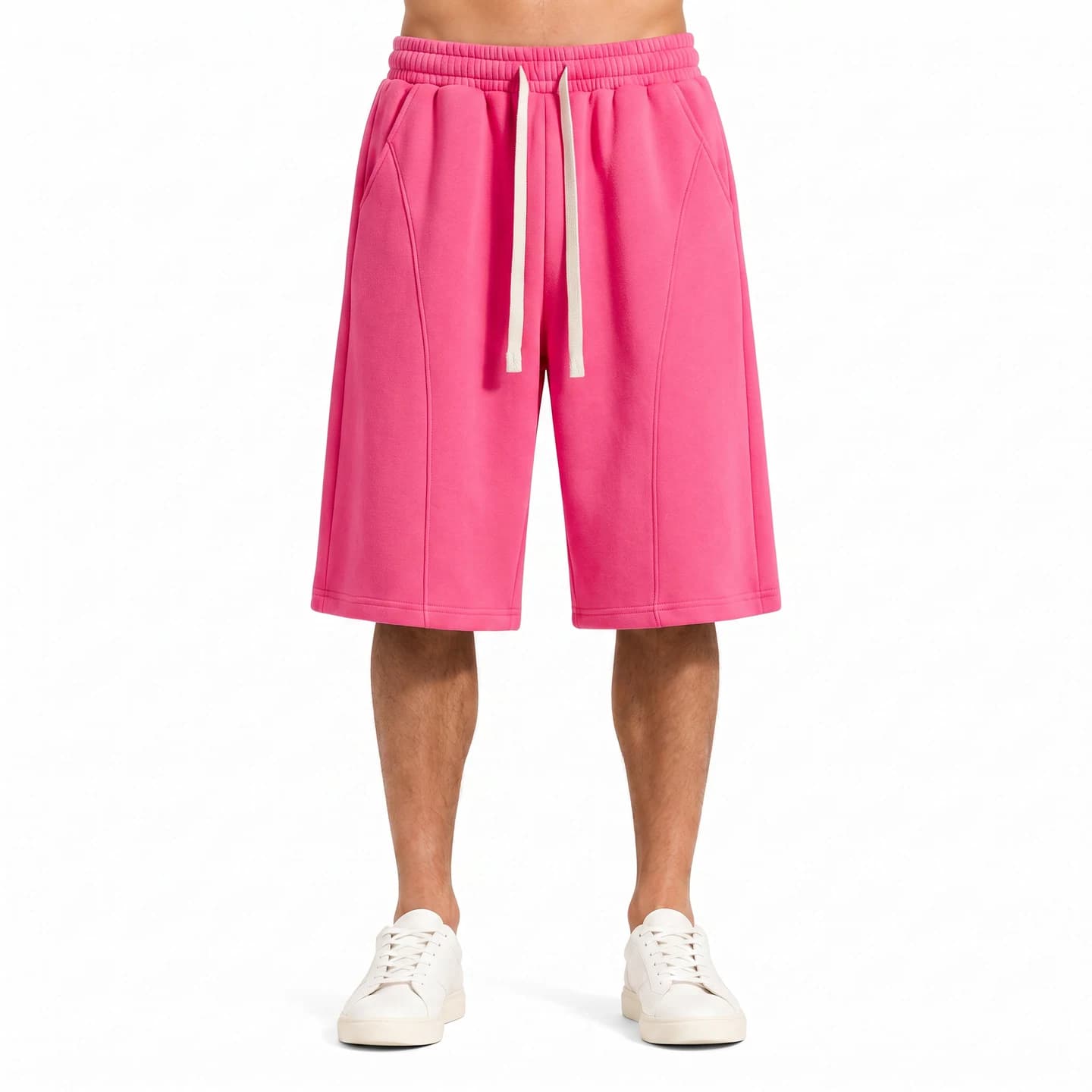 Curved-Seam Longline Shorts in Hot Pink, relaxed men's fit