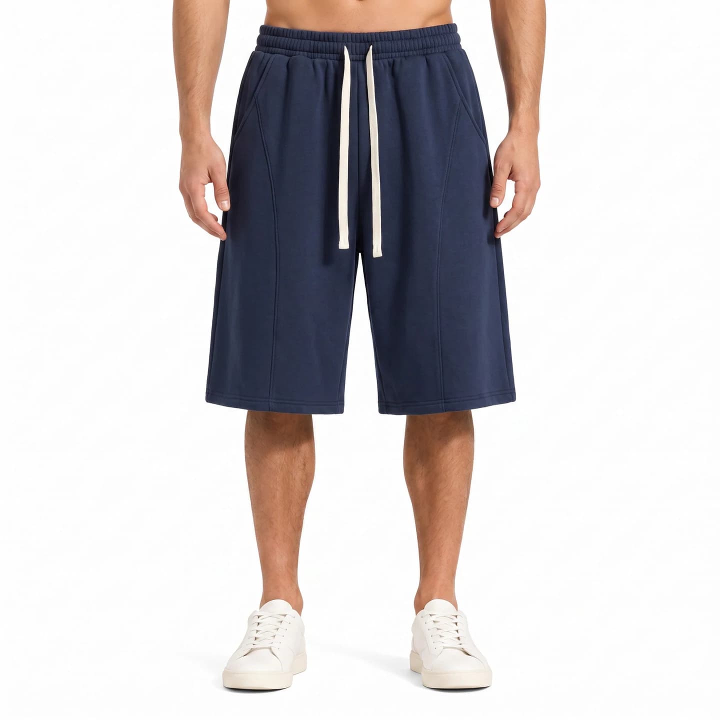 Curved-Seam Longline Shorts in Navy, relaxed men's fit