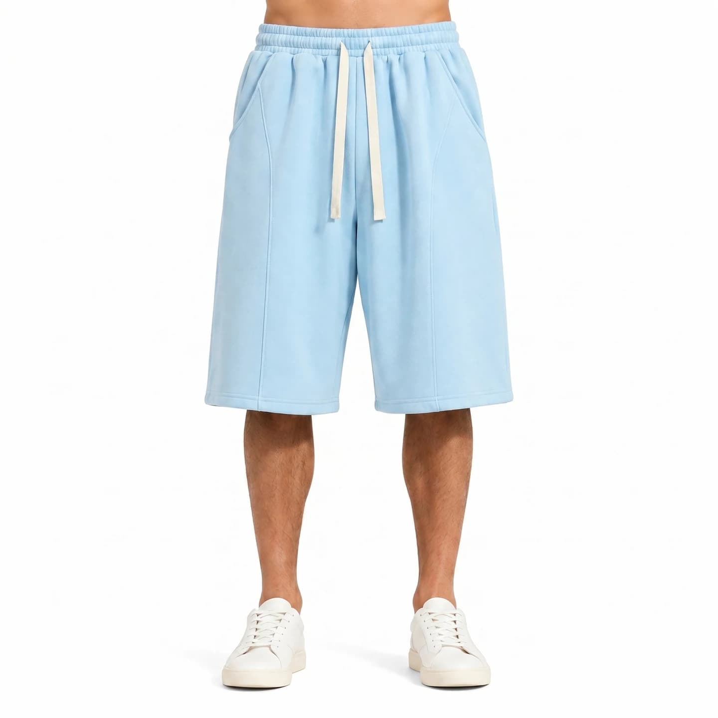 Curved-Seam Longline Shorts in Sky Blue, relaxed men's fit