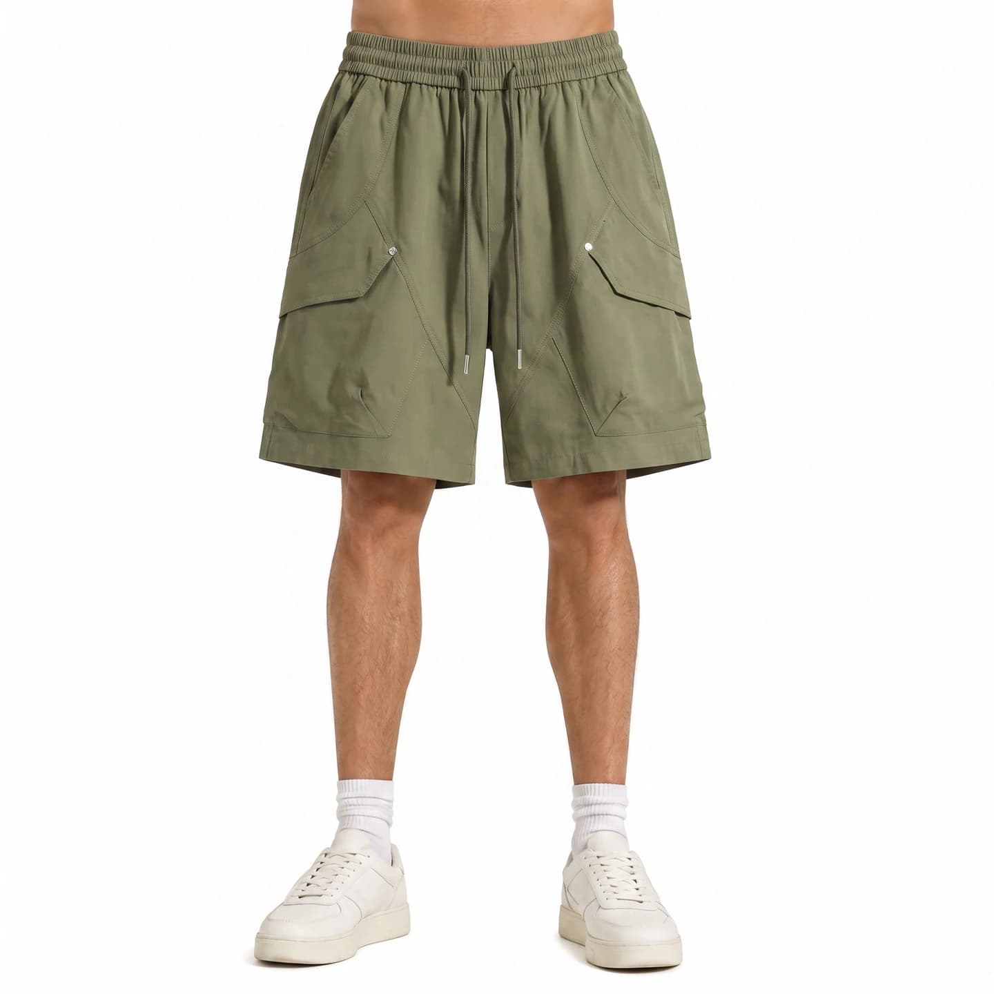 Flap Pocket Cargo Shorts in Army Green, relaxed men's fit