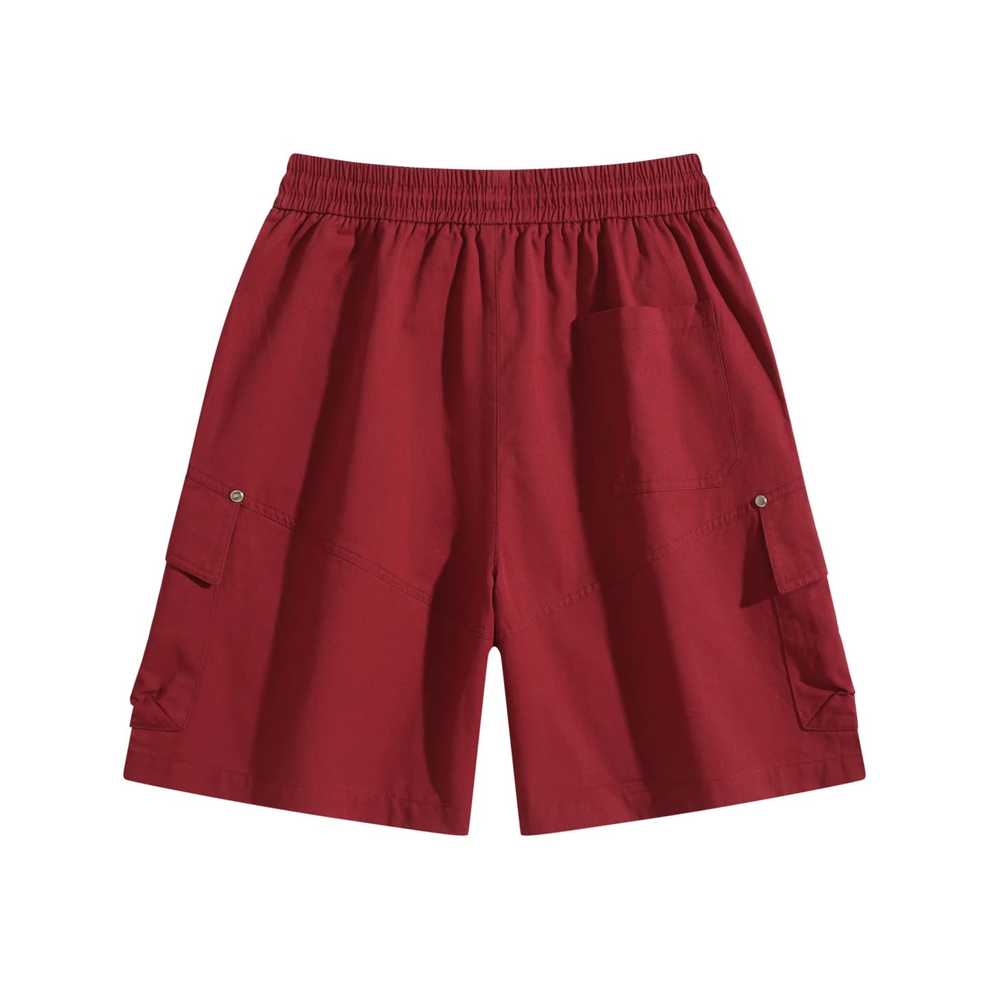 Flap Pocket Cargo Shorts in Deep Red, back flat lay