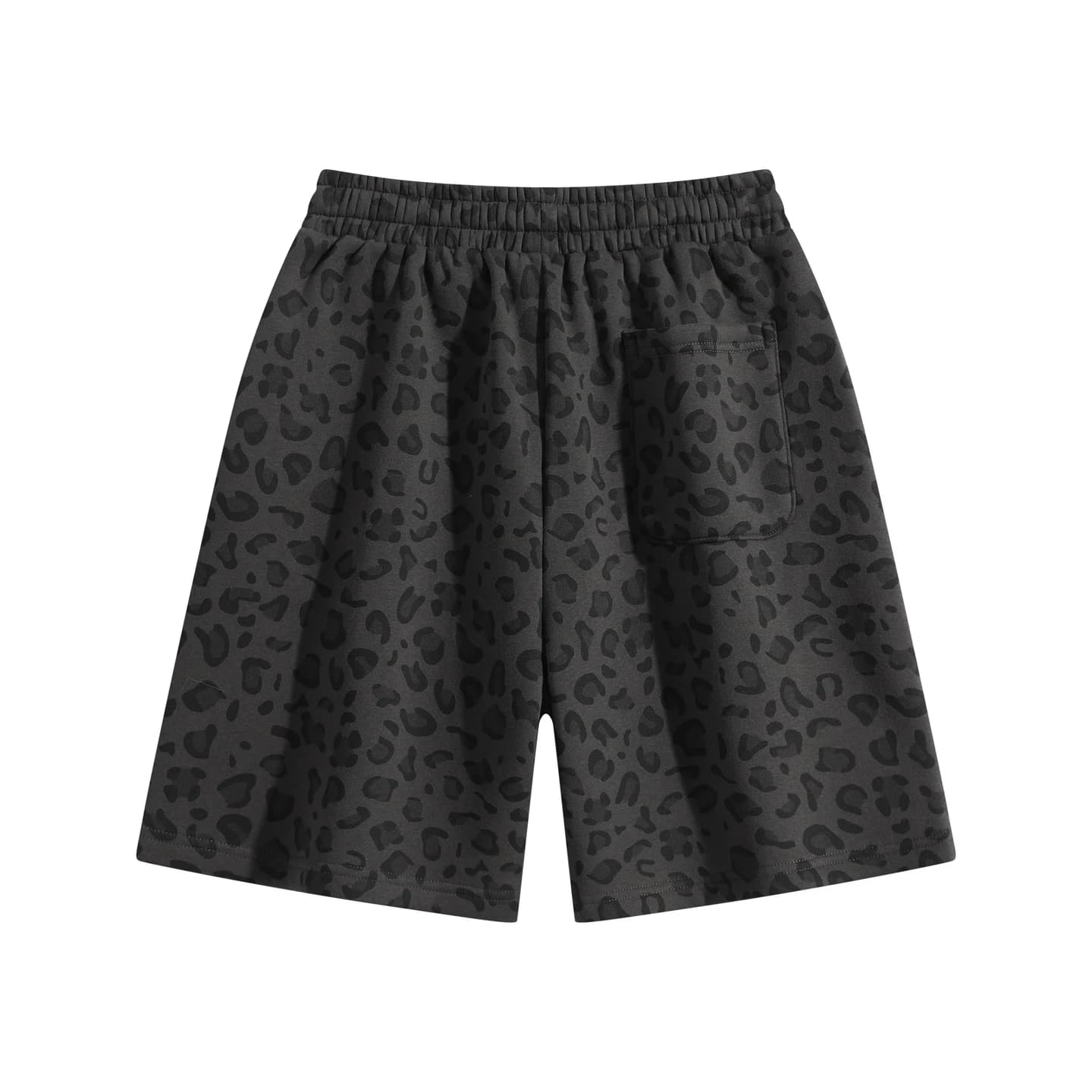 Leopard Print Relaxed Shorts in Charcoal Leopard, back flat lay