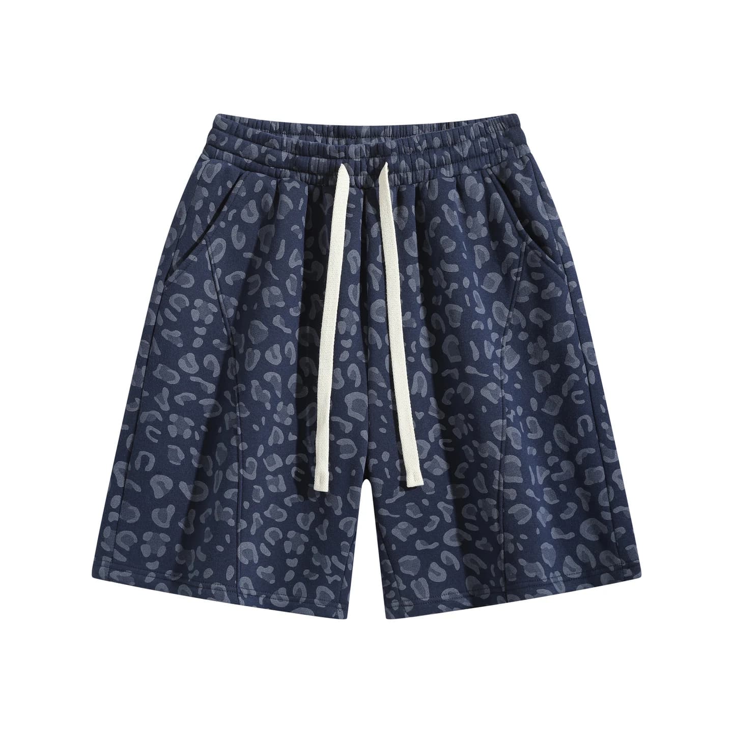 Leopard Print Relaxed Shorts in Navy Leopard, front flat lay