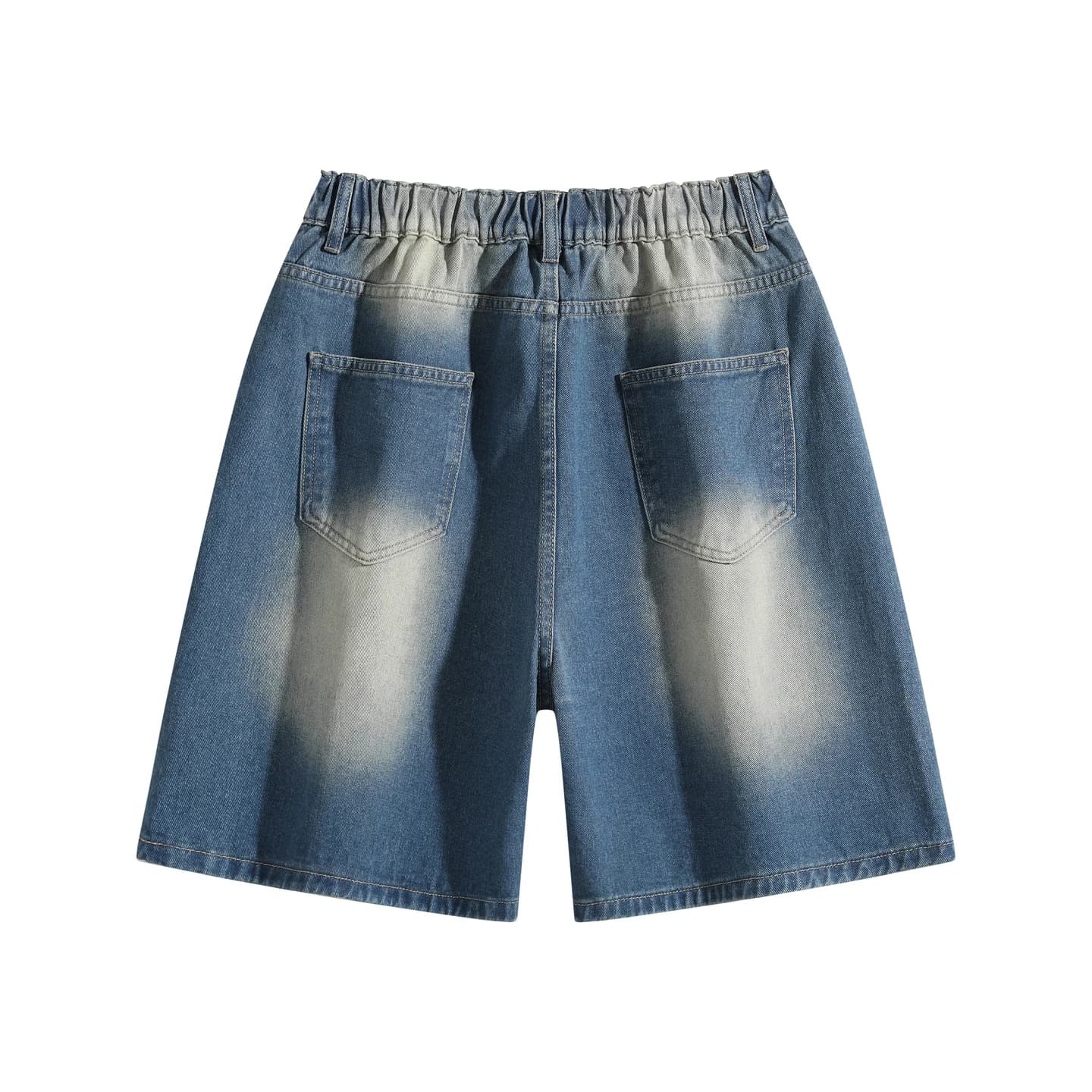 Relaxed Denim Shorts in Blue Wash, back flat lay