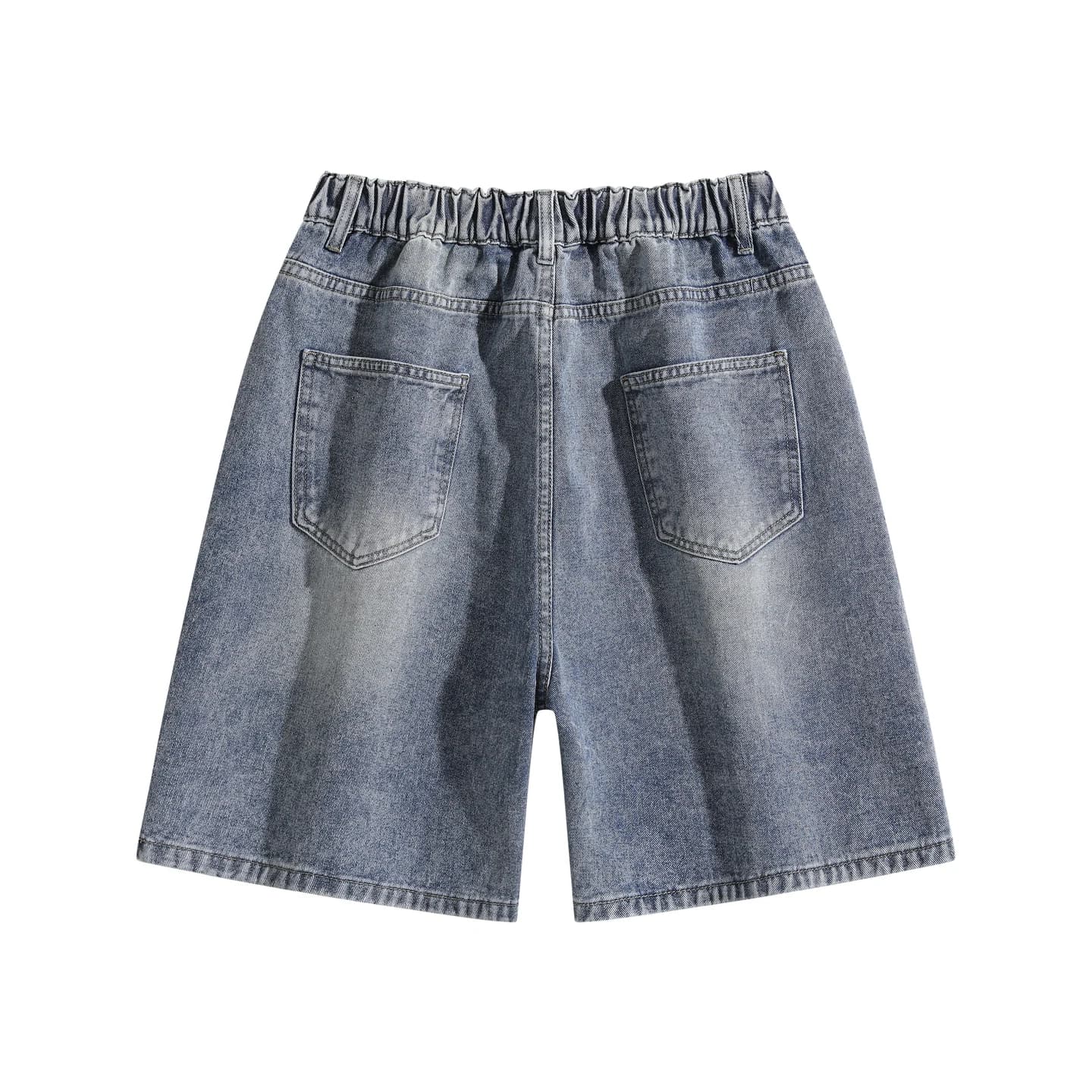 Relaxed Denim Shorts in Mid Wash Blue, back flat lay