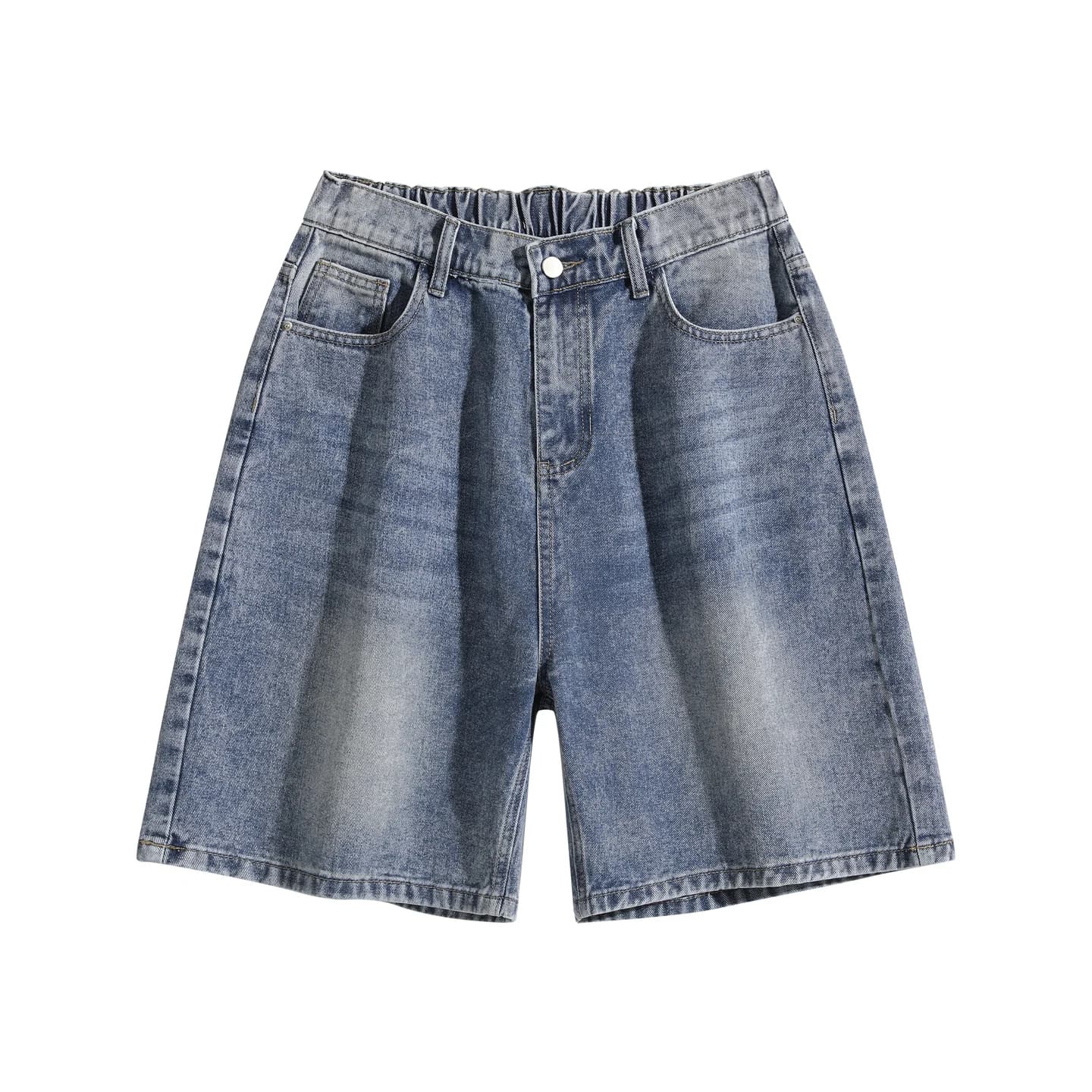 Relaxed Denim Shorts in Mid Wash Blue, front flat lay