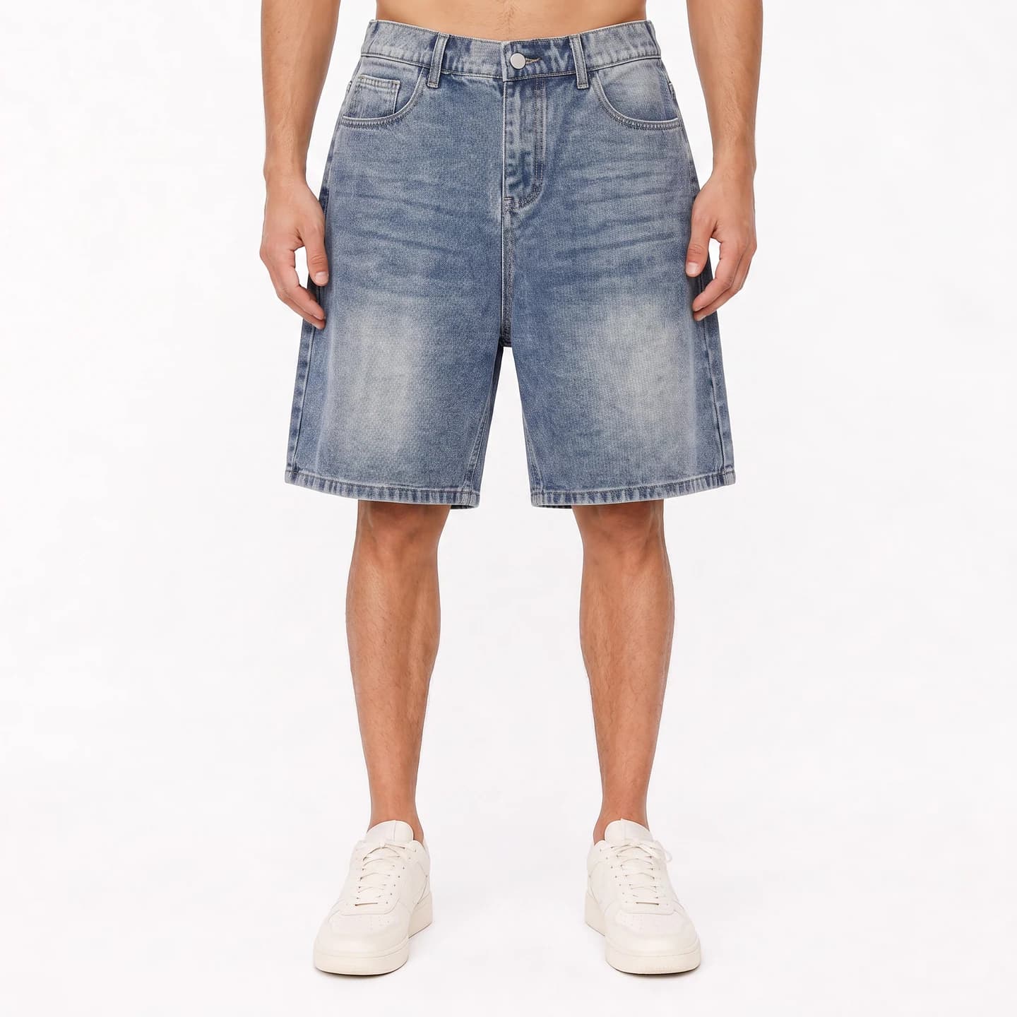 Relaxed Denim Shorts in Mid Wash Blue, relaxed men's fit