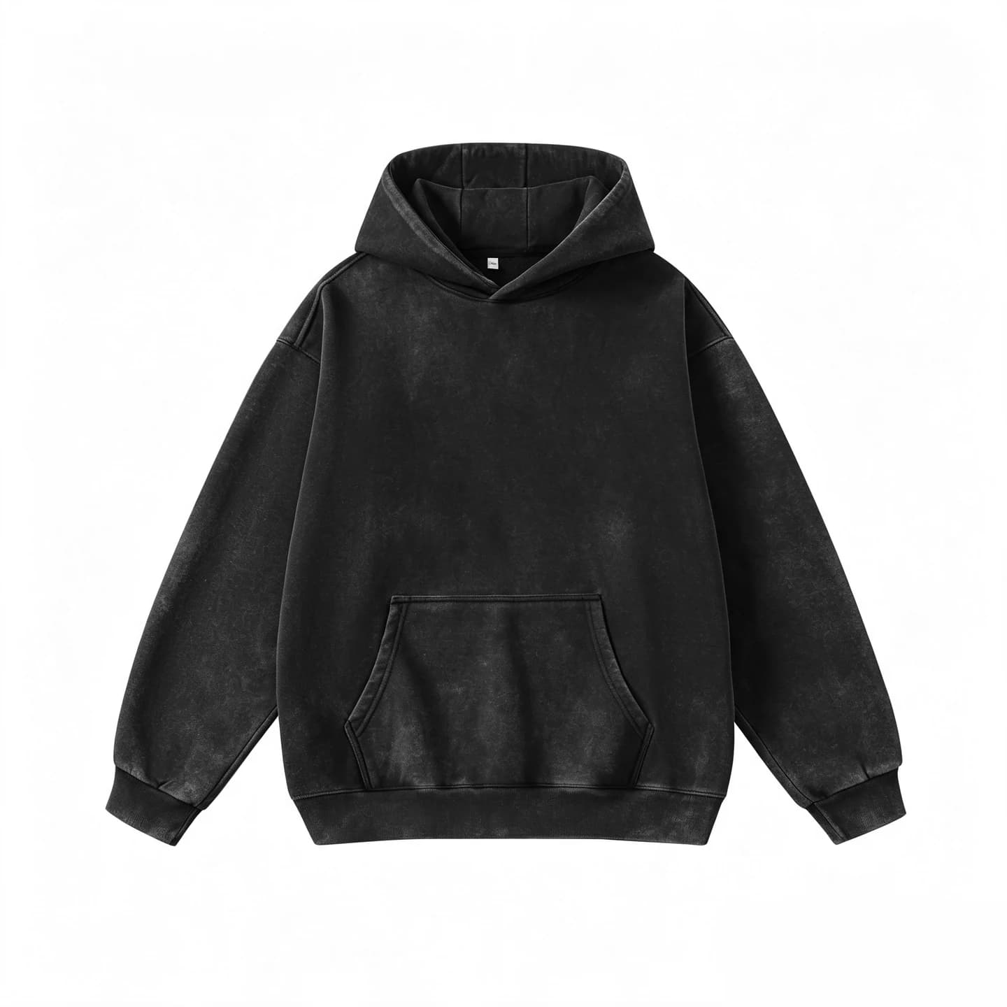 Washed Relaxed Pullover Hoodie in Black, front flat lay