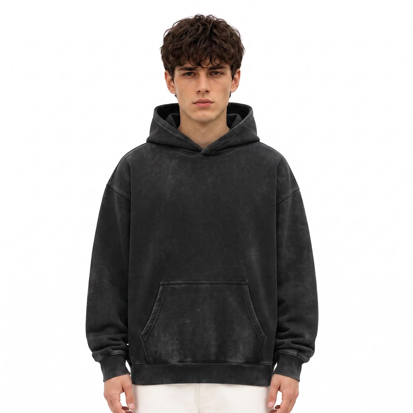 Washed Relaxed Pullover Hoodie in Black, relaxed men's fit