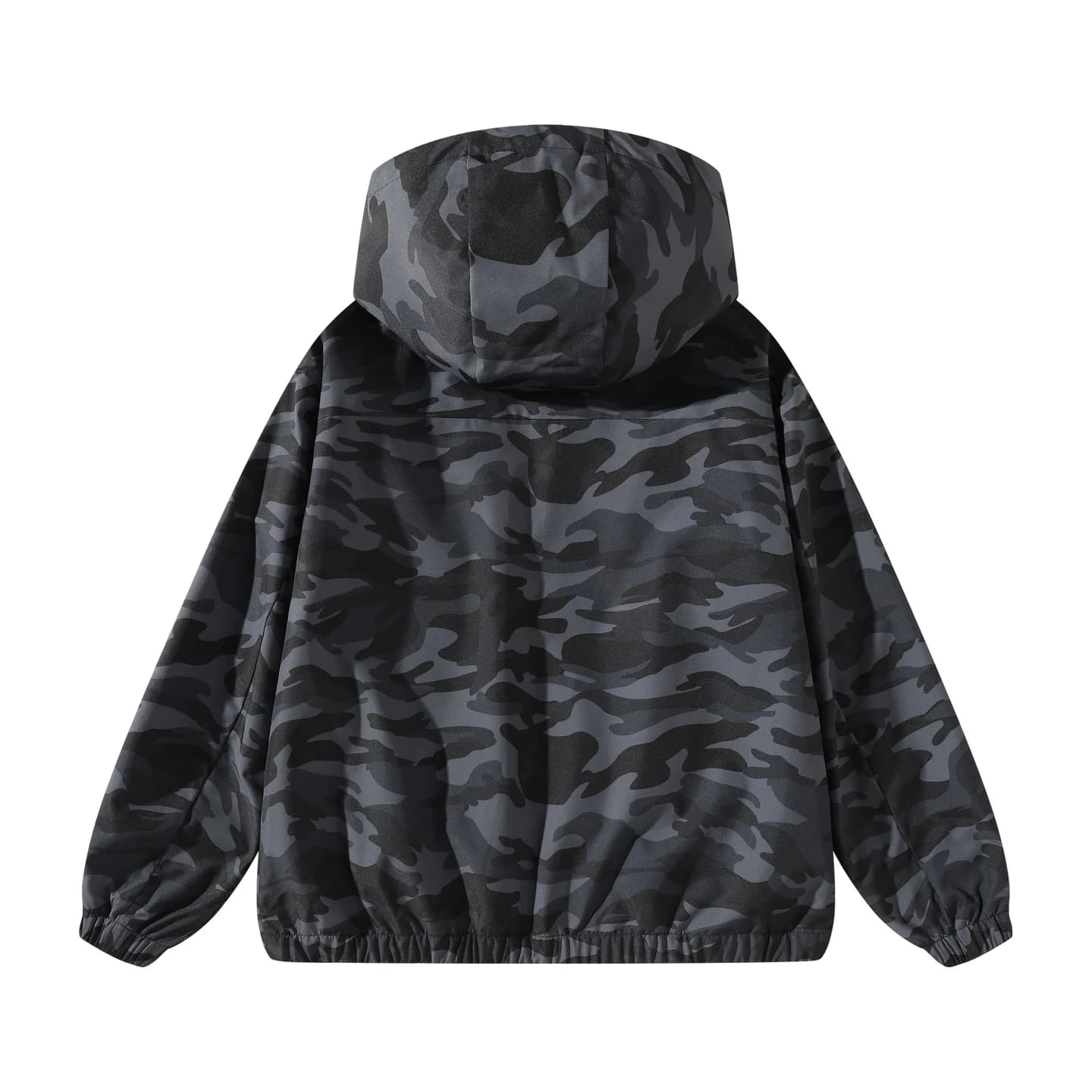 Everyday Hooded Zip Jacket in Black Camo, back flat lay