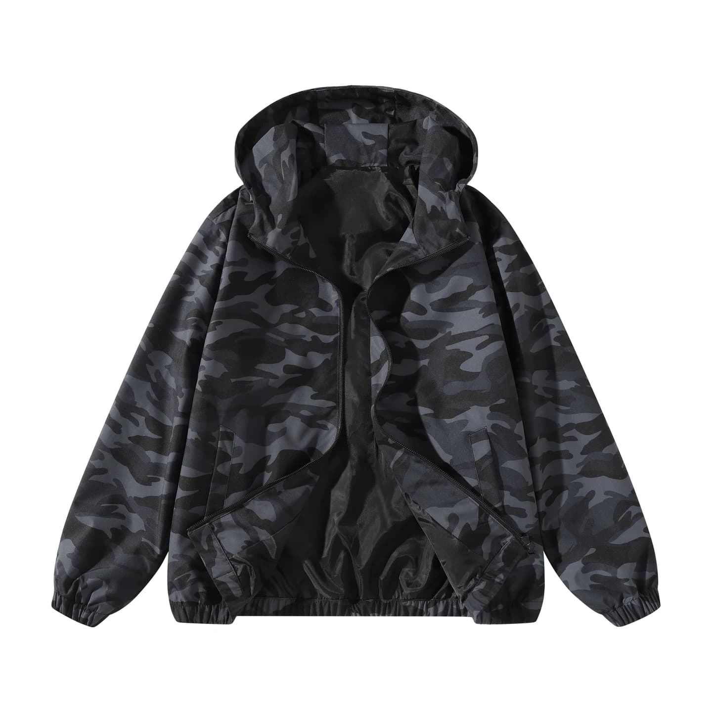 Everyday Hooded Zip Jacket in Black Camo, front flat lay