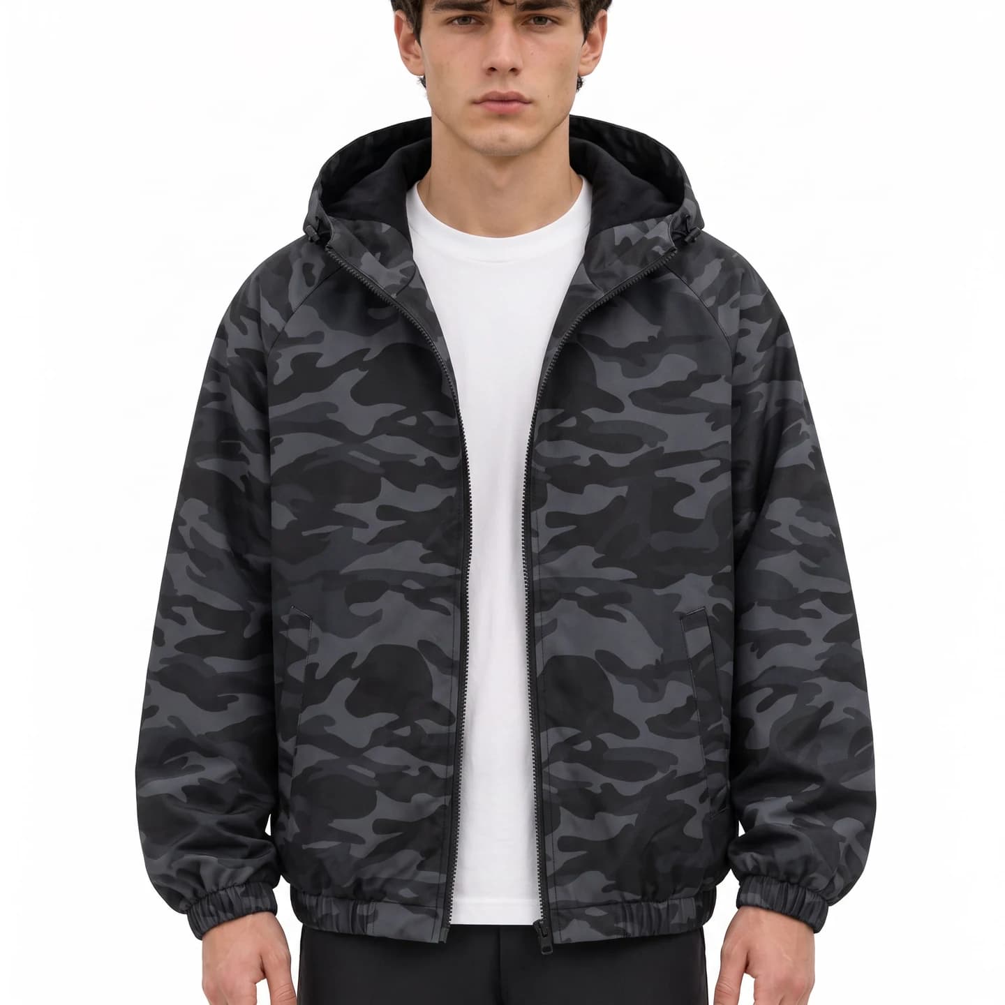 Everyday Hooded Zip Jacket in Black Camo, relaxed men's fit