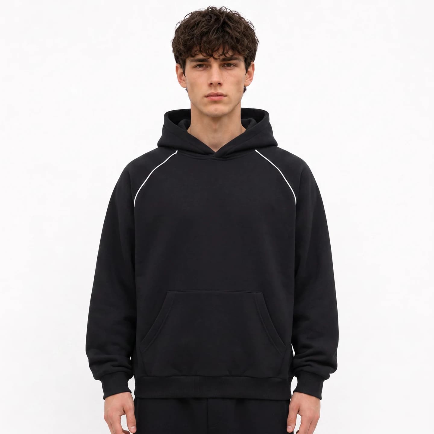 Contrast Piping Hoodie in Black, relaxed men's fit