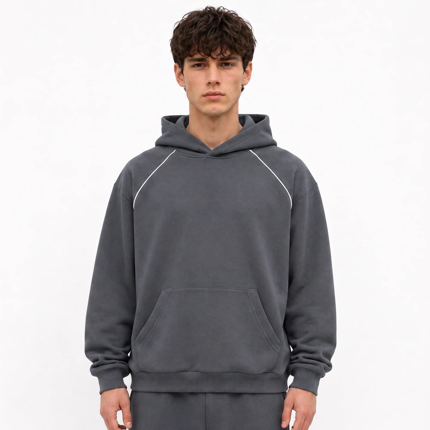 Contrast Piping Hoodie in Charcoal, relaxed men's fit