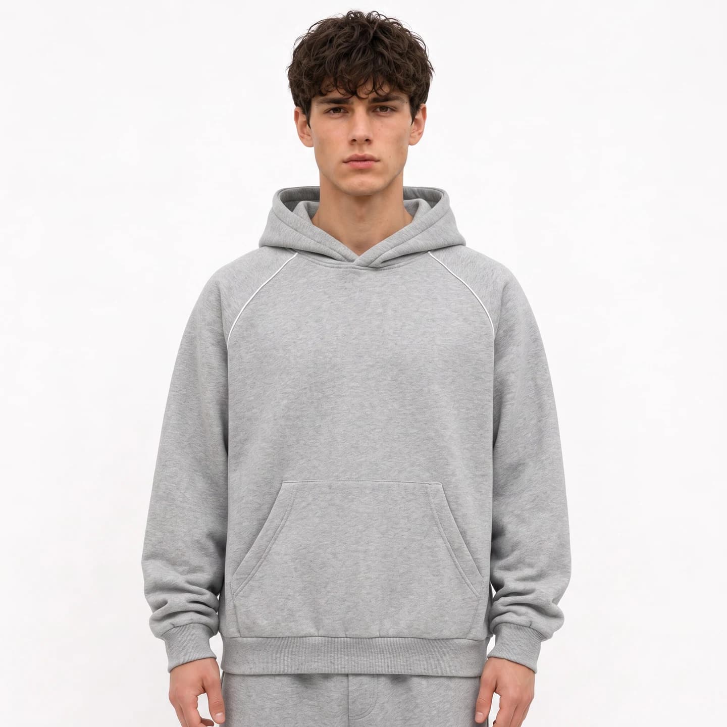 Contrast Piping Hoodie in Heather Gray, relaxed men's fit