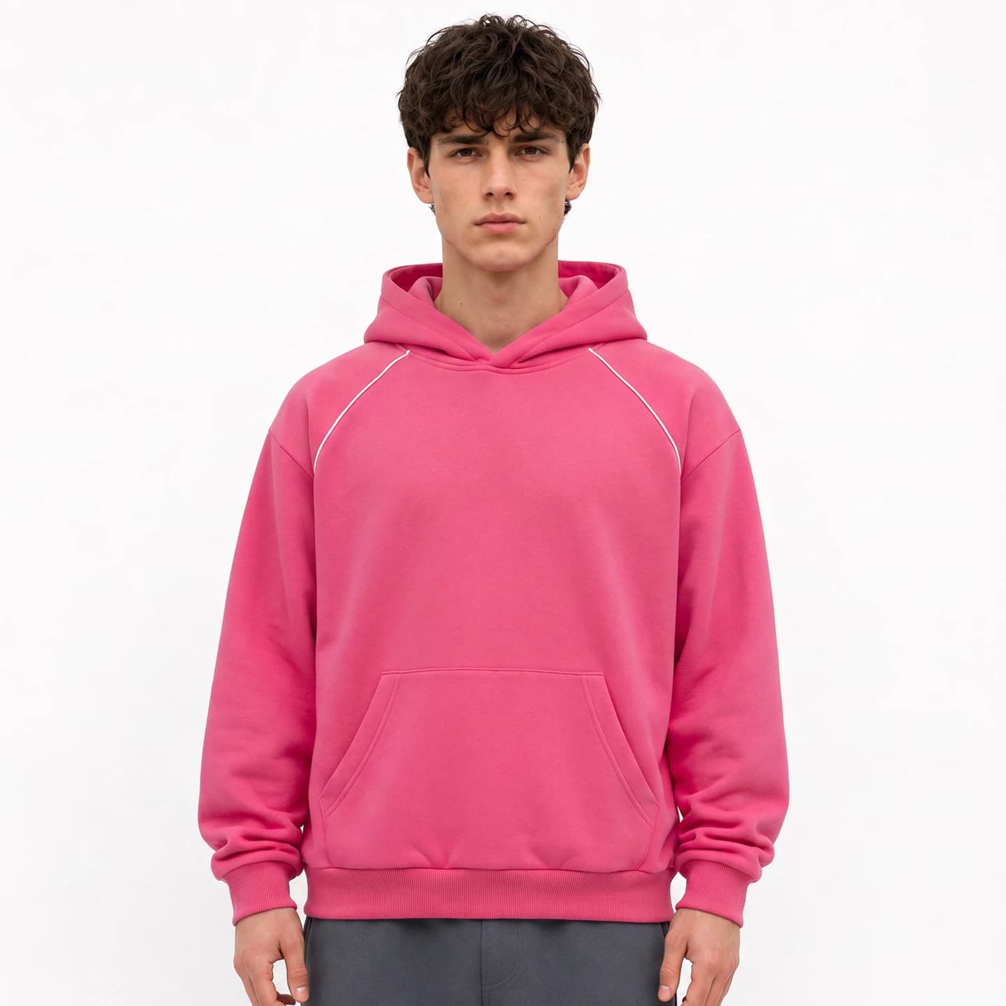 Contrast Piping Hoodie in Hot Pink, relaxed men's fit