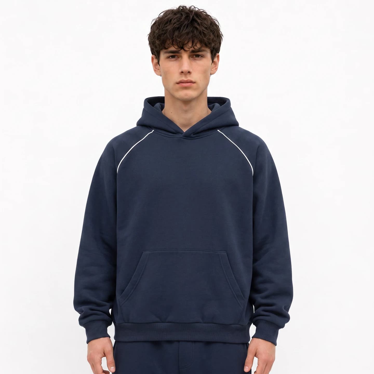 Contrast Piping Hoodie in Navy, relaxed men's fit