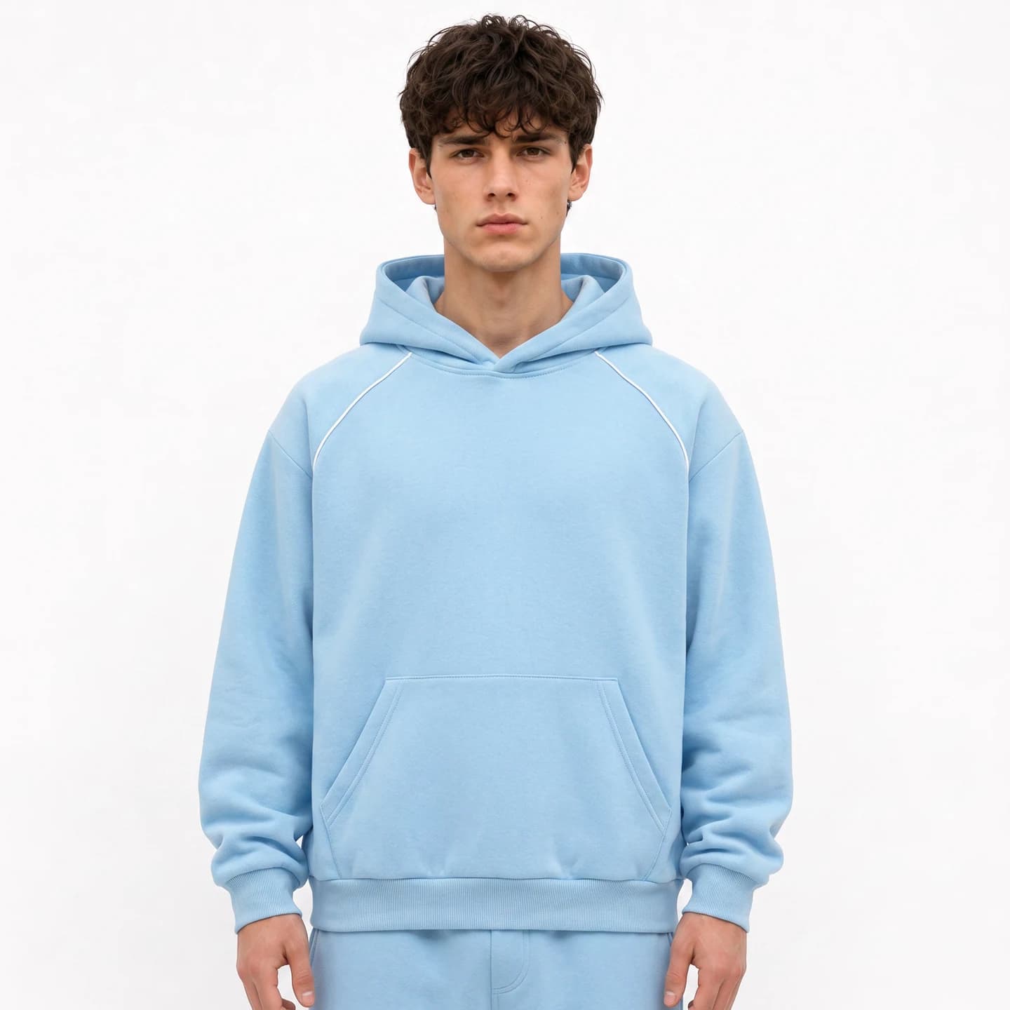 Contrast Piping Hoodie in Sky Blue, relaxed men's fit