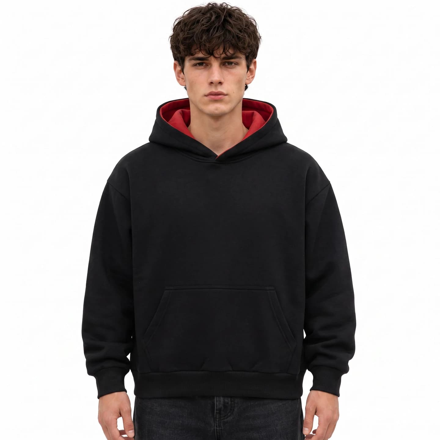 Contrast Hood Pullover in Black / Red, relaxed men's fit