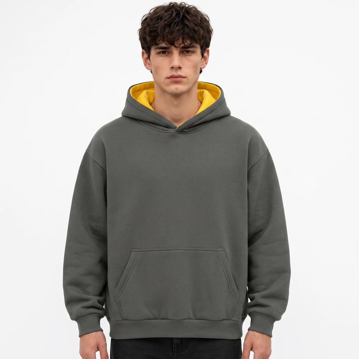 Contrast Hood Pullover in Charcoal / Yellow, relaxed men's fit