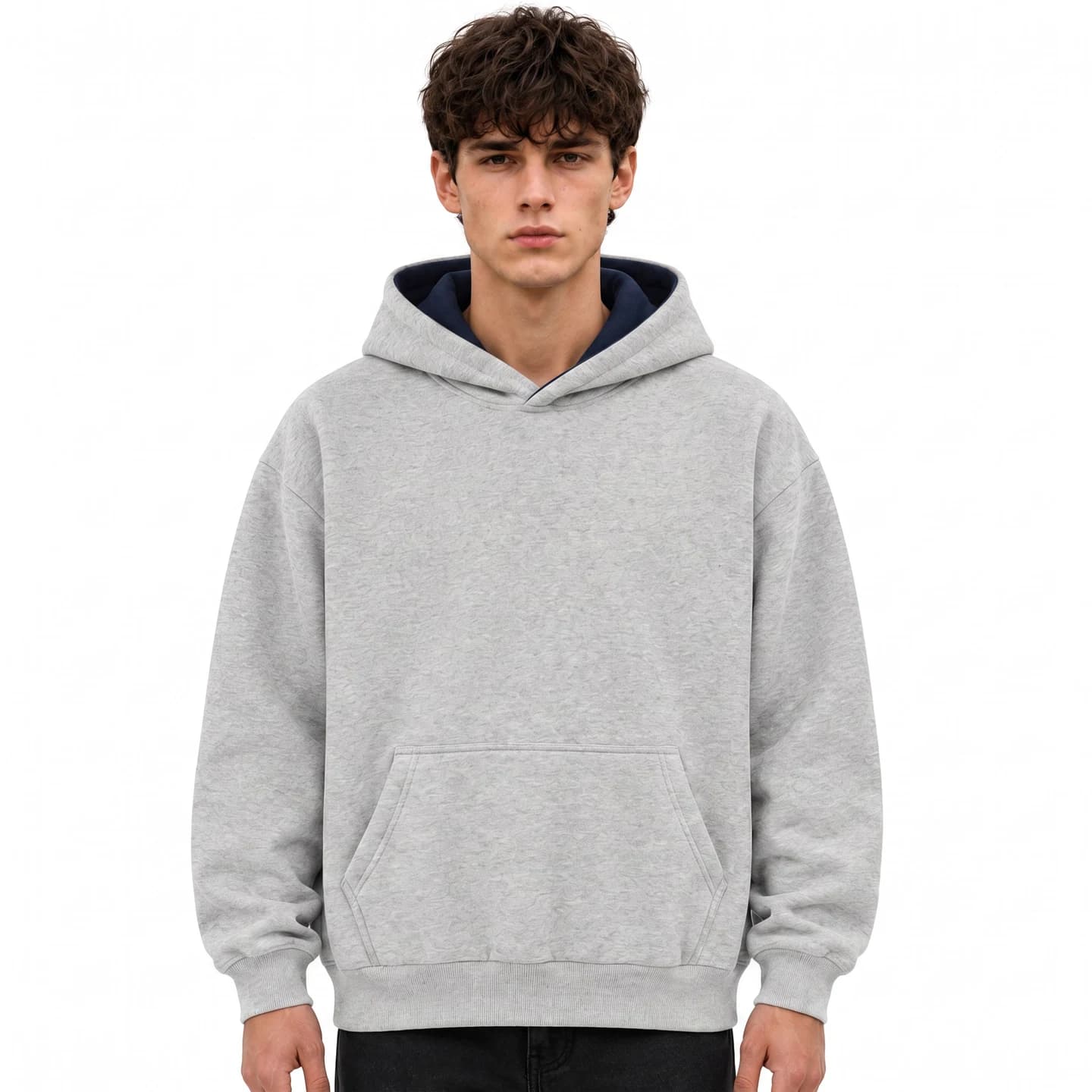 Contrast Hood Pullover in Heather Gray / Navy, relaxed men's fit
