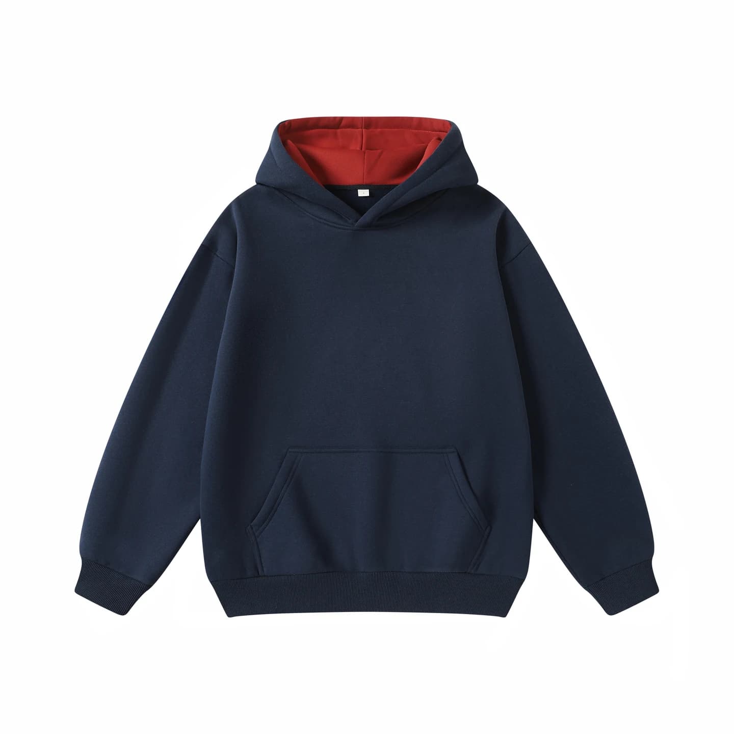 Contrast Hood Pullover in Navy / Red, front flat lay