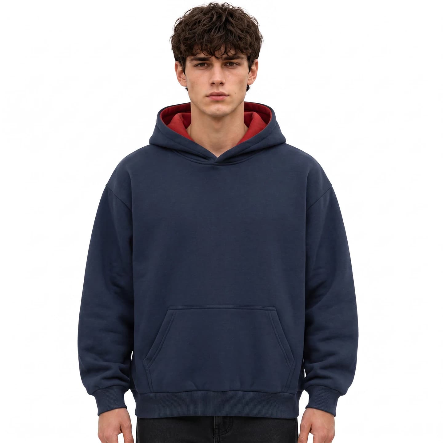 Contrast Hood Pullover in Navy / Red, relaxed men's fit