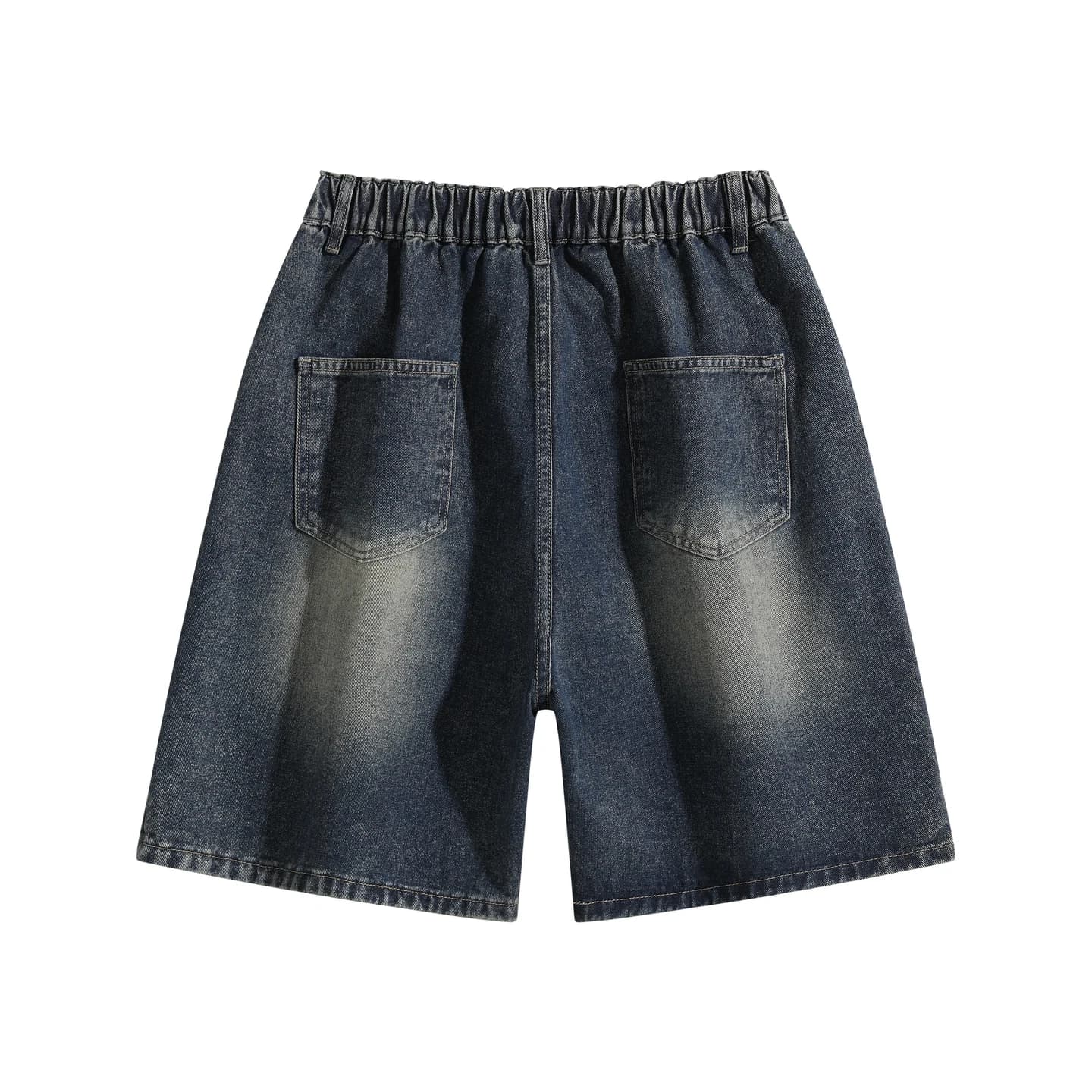 Relaxed Washed Denim Shorts in Dark Indigo, back flat lay