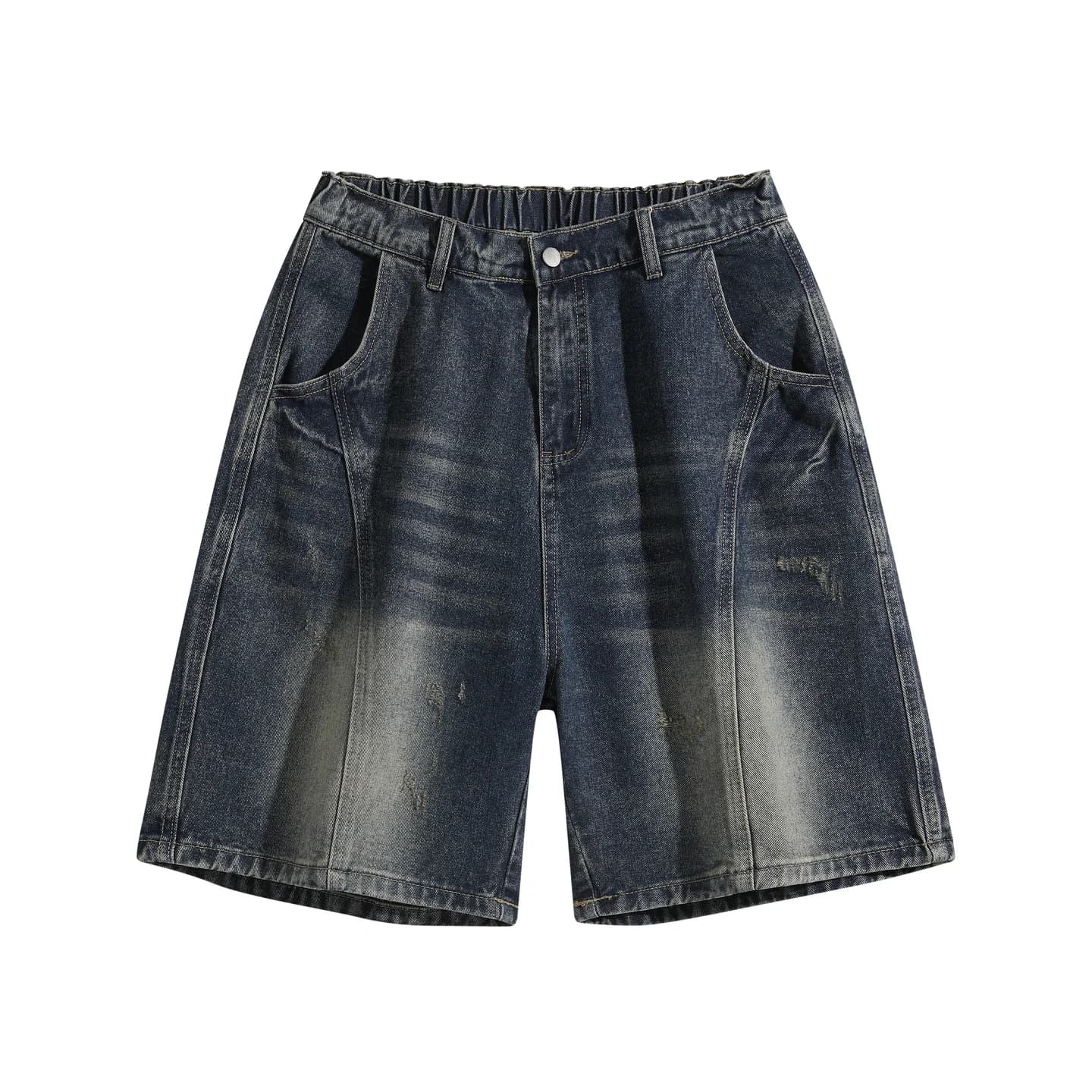 Relaxed Washed Denim Shorts in Dark Indigo, front flat lay