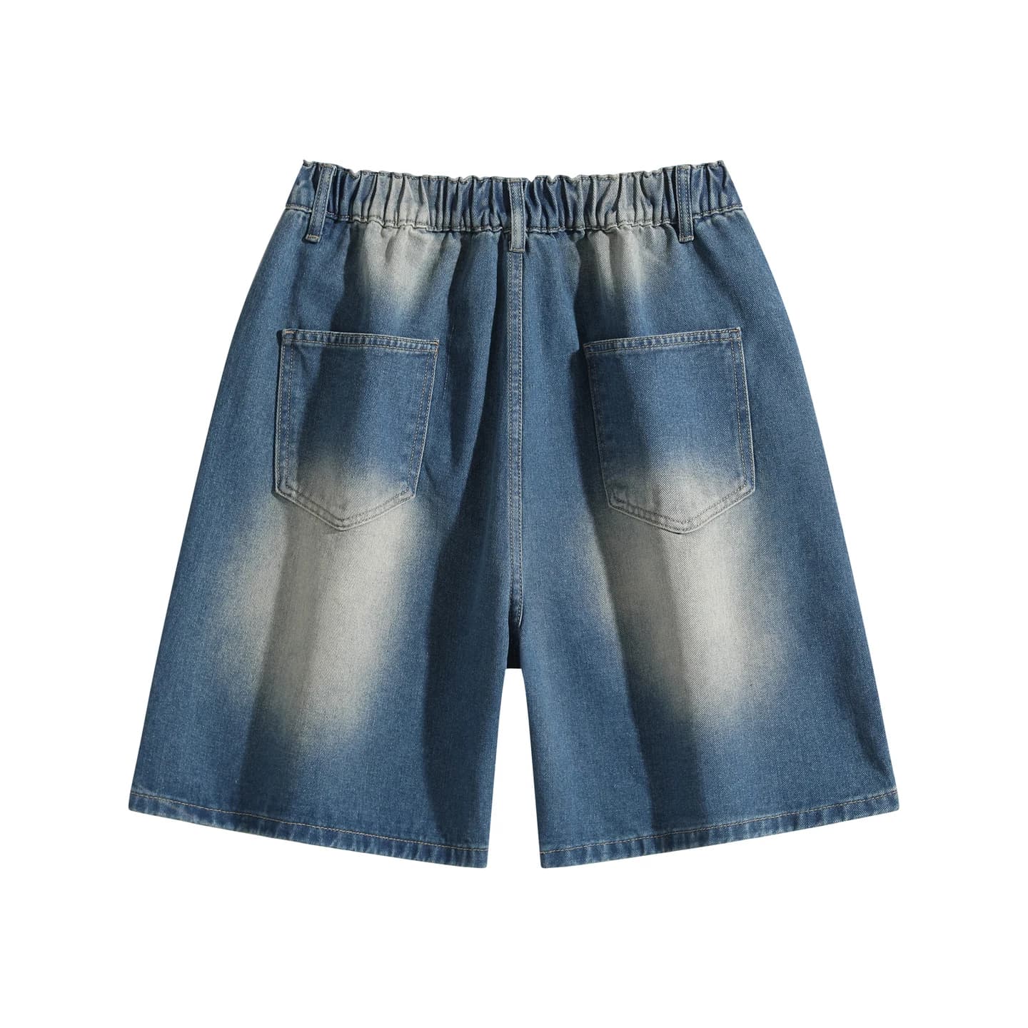 Relaxed Washed Denim Shorts in Distressed Blue, back flat lay