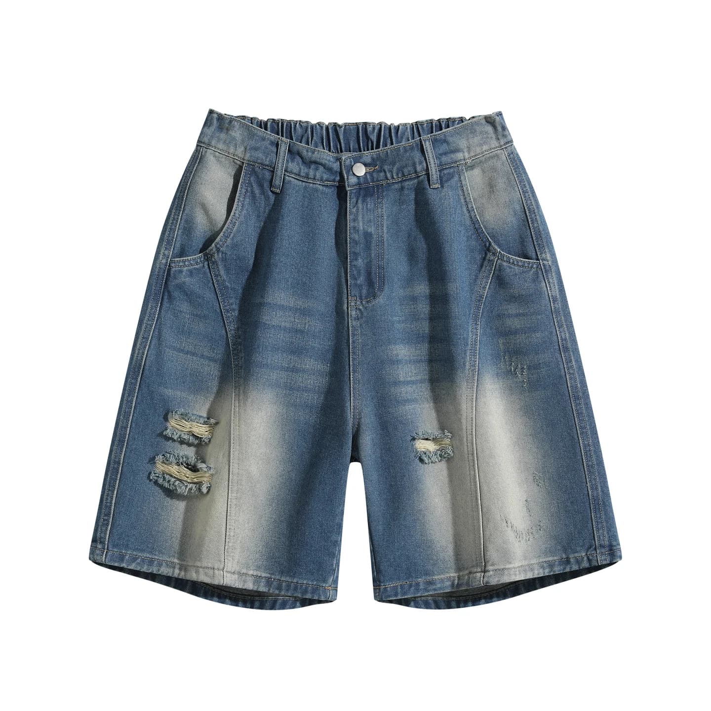 Relaxed Washed Denim Shorts in Distressed Blue, front flat lay