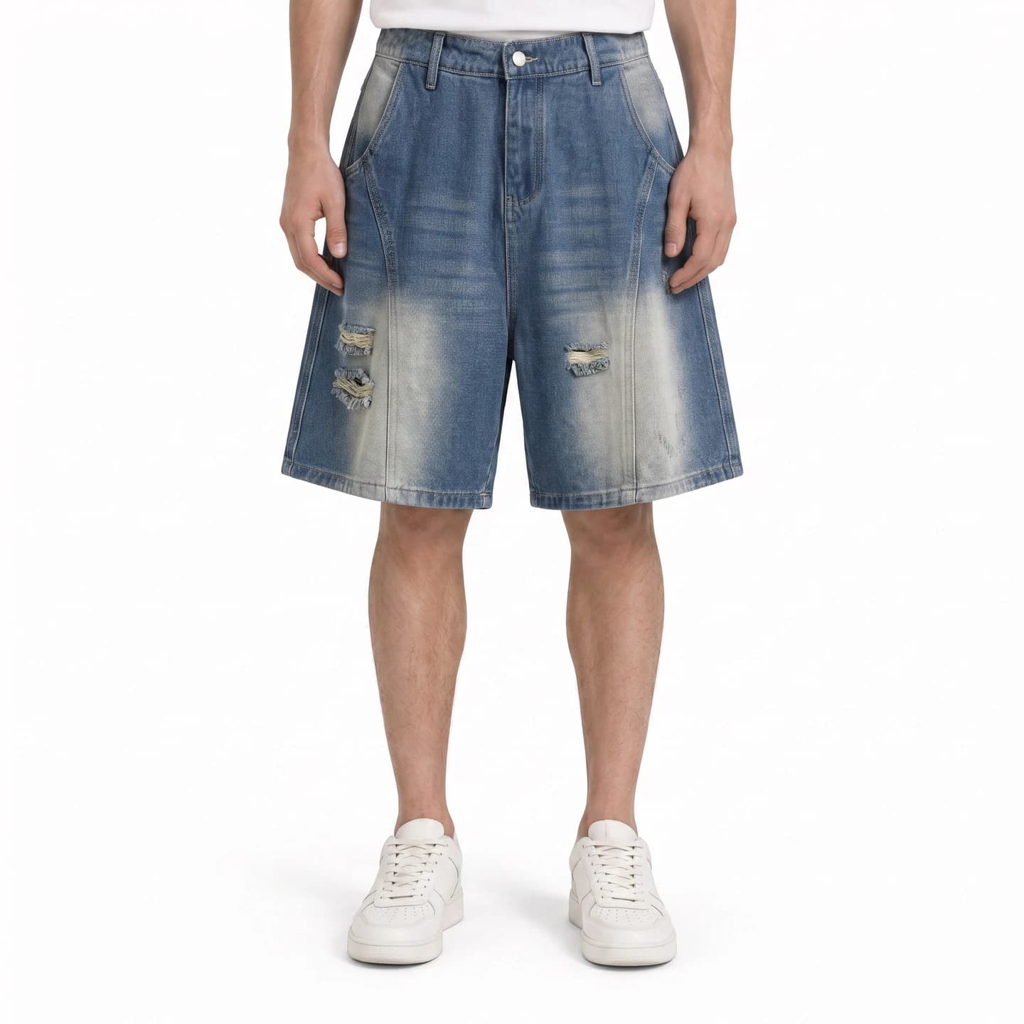 Relaxed Washed Denim Shorts in Distressed Blue, relaxed men's fit