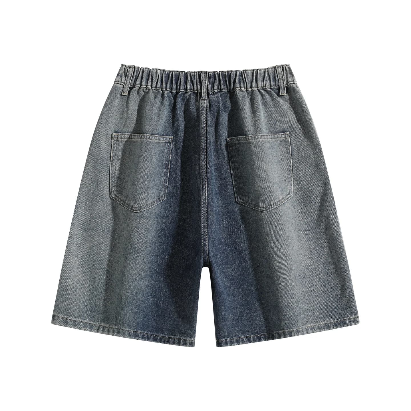 Relaxed Washed Denim Shorts in Faded Indigo, back flat lay