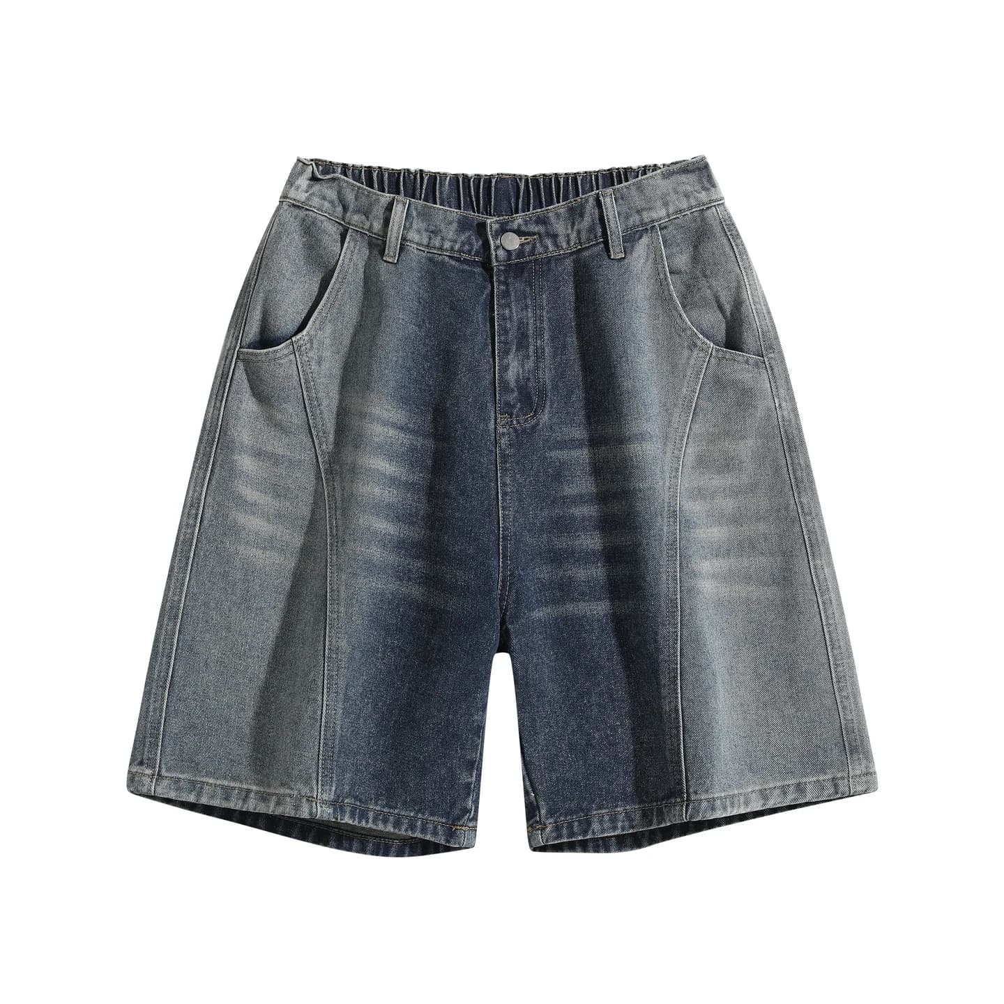 Relaxed Washed Denim Shorts in Faded Indigo, front flat lay