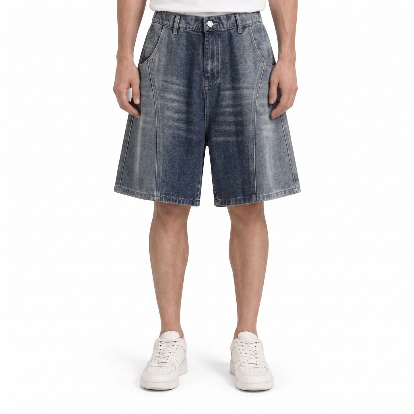 Relaxed Washed Denim Shorts in Faded Indigo, relaxed men's fit