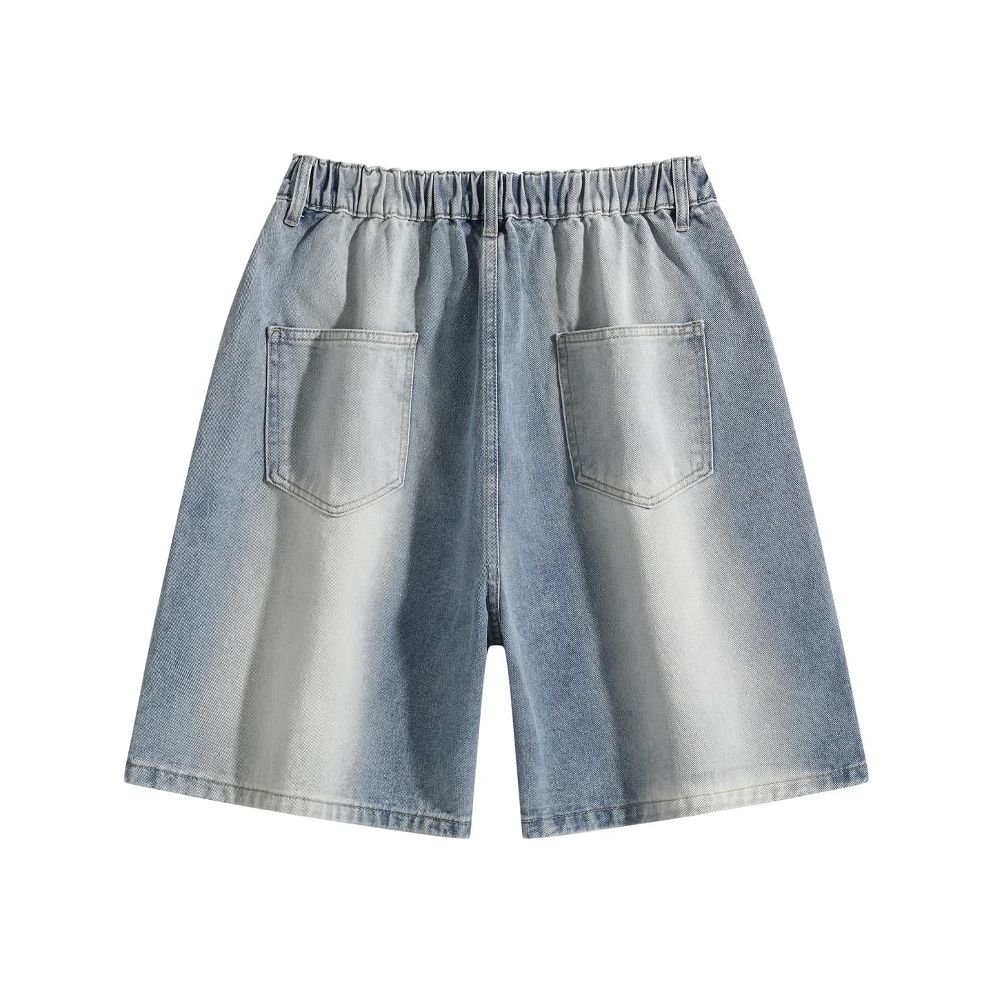 Relaxed Washed Denim Shorts in Light Wash Blue, back flat lay