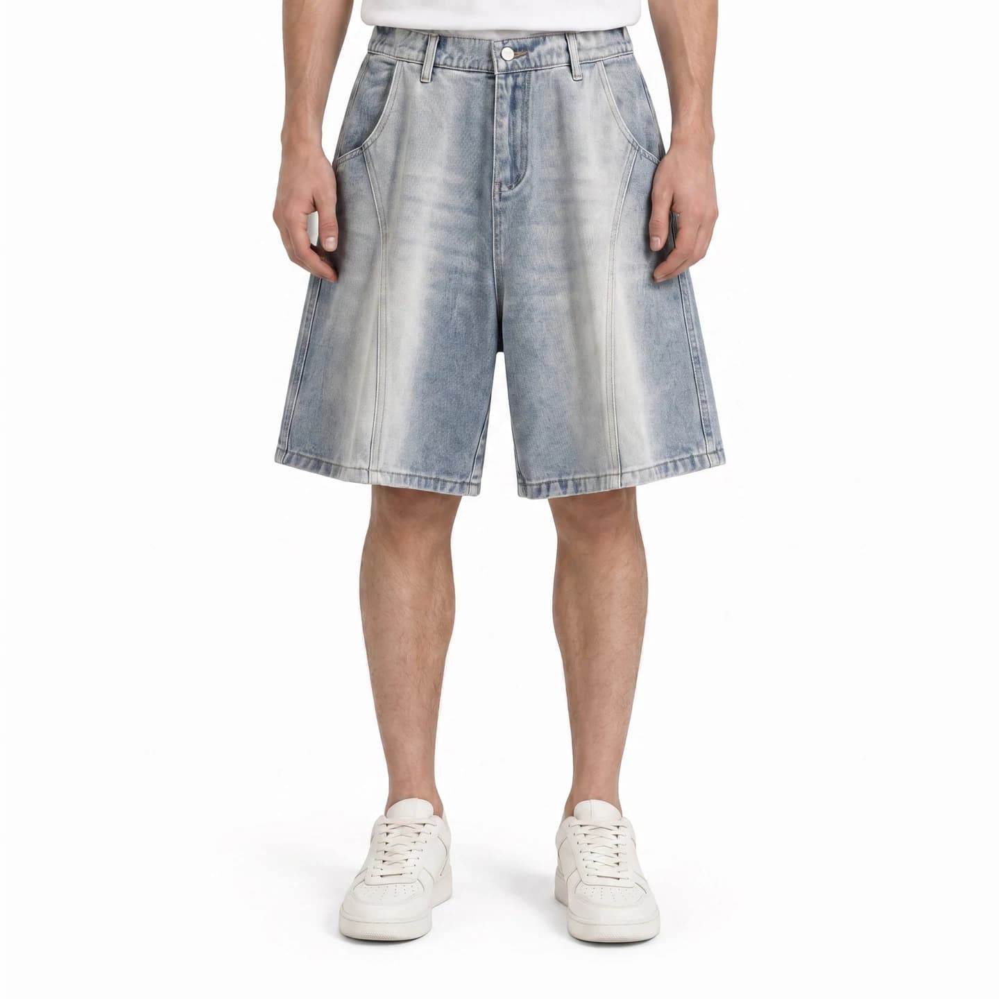 Relaxed Washed Denim Shorts in Light Wash Blue, relaxed men's fit