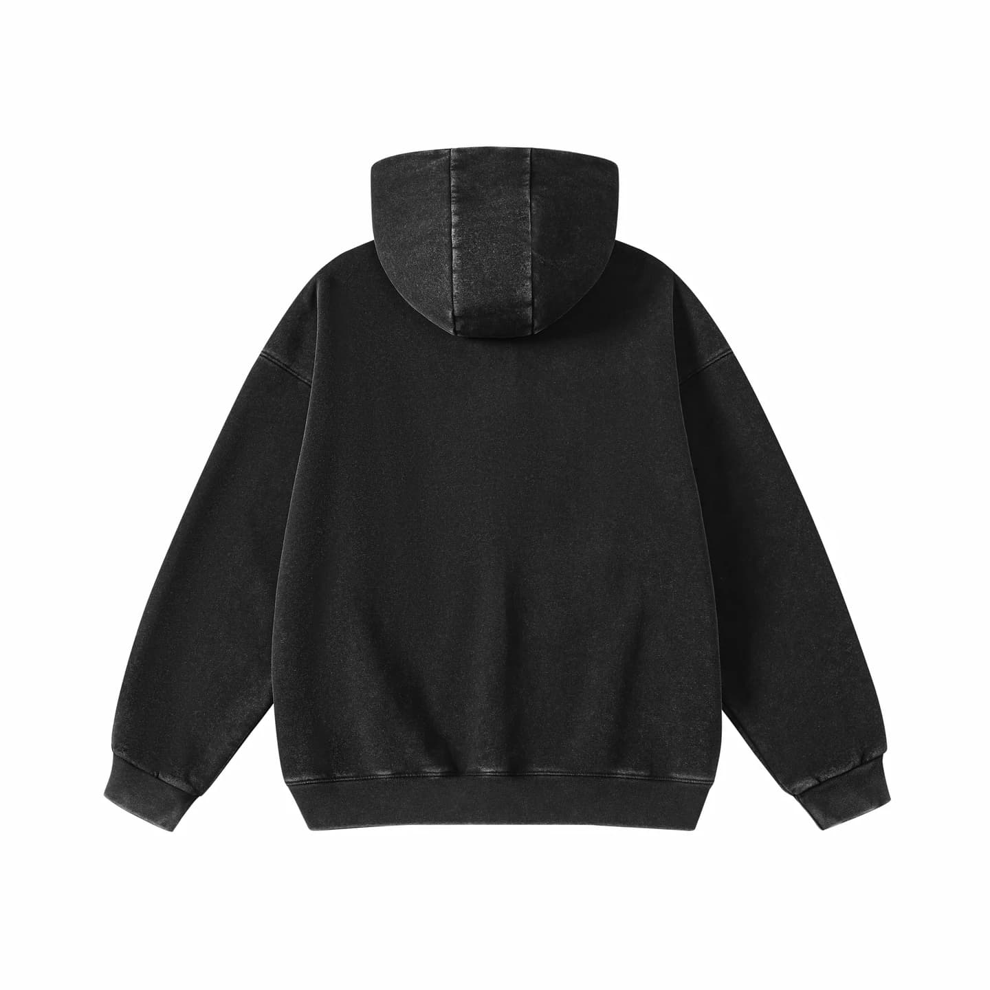 Washed Relaxed Zip-Up Hoodie in Black, back flat lay